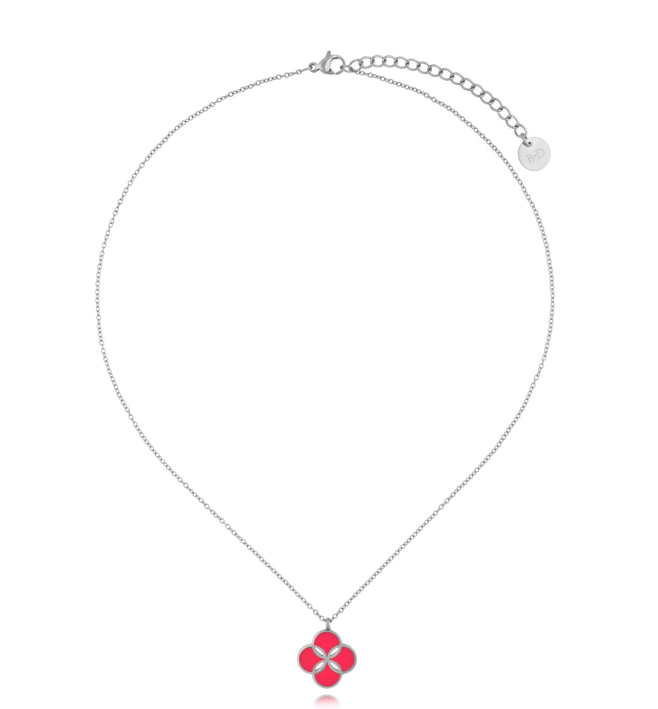 Naszyjnik srebrny z koniczynką z fuksjową emalią Ma Chance - By Dziubeka