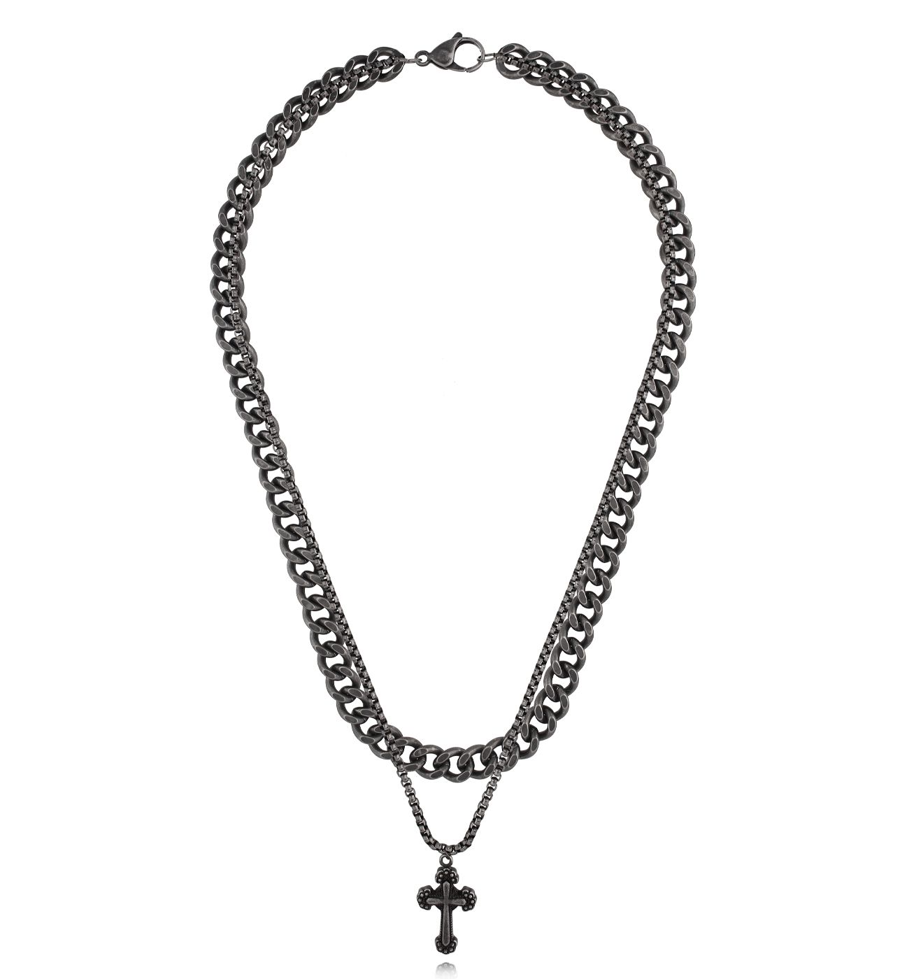Naszyjnik z łańcuchem i krzyżem czarny męski - By Dziubeka