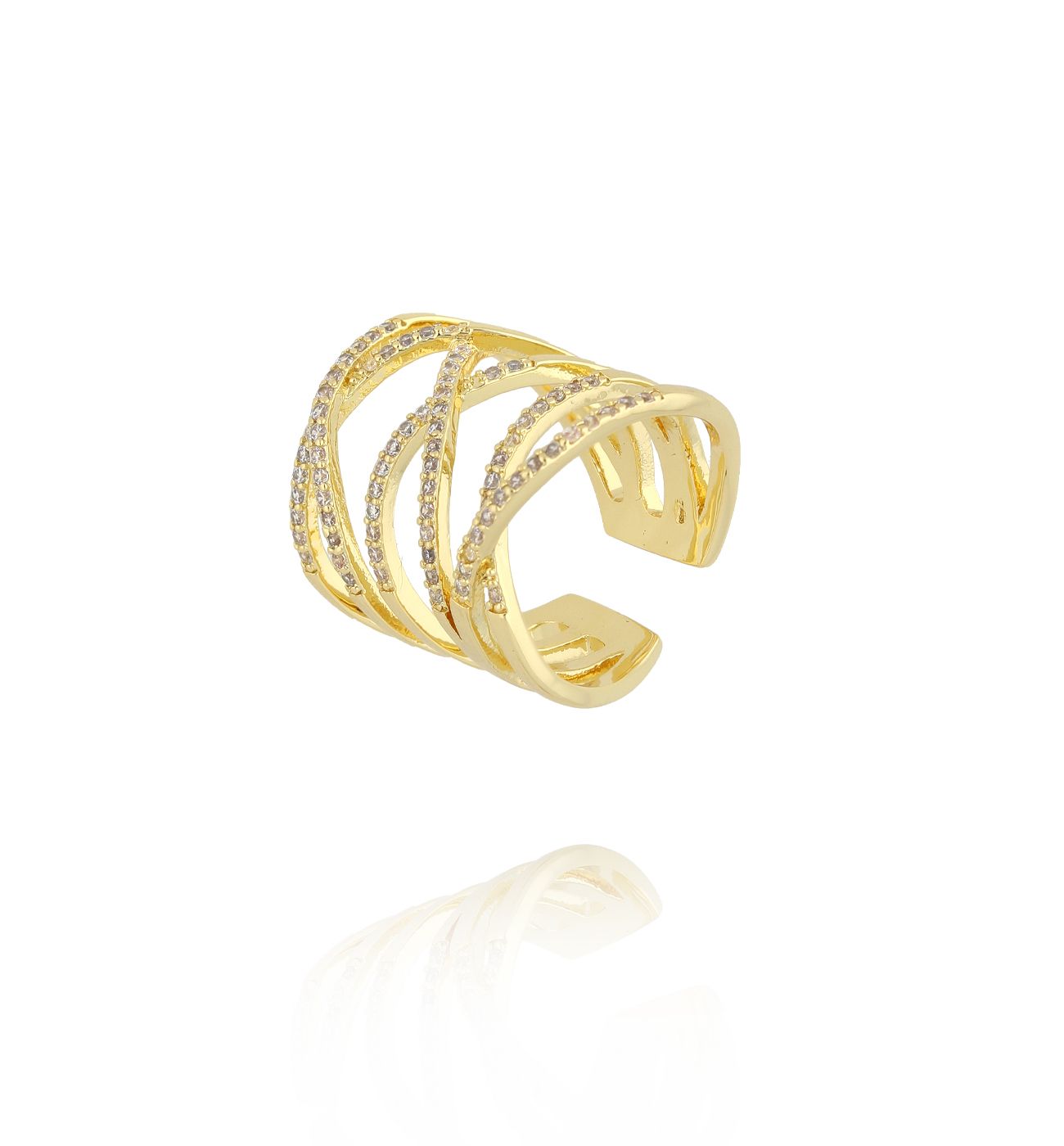 Pierścionek o ażurowym splocie z cyrkoniami złoty PSS0197