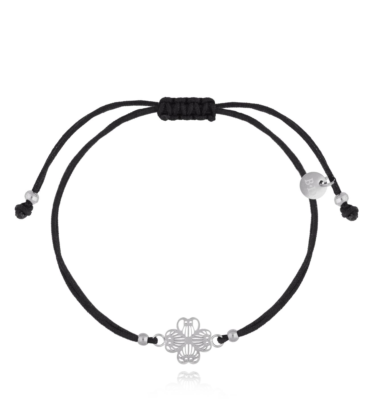 Bransoletka srebrna z czarnym sznurkiem i koniczynką Trèfle BGL0830
