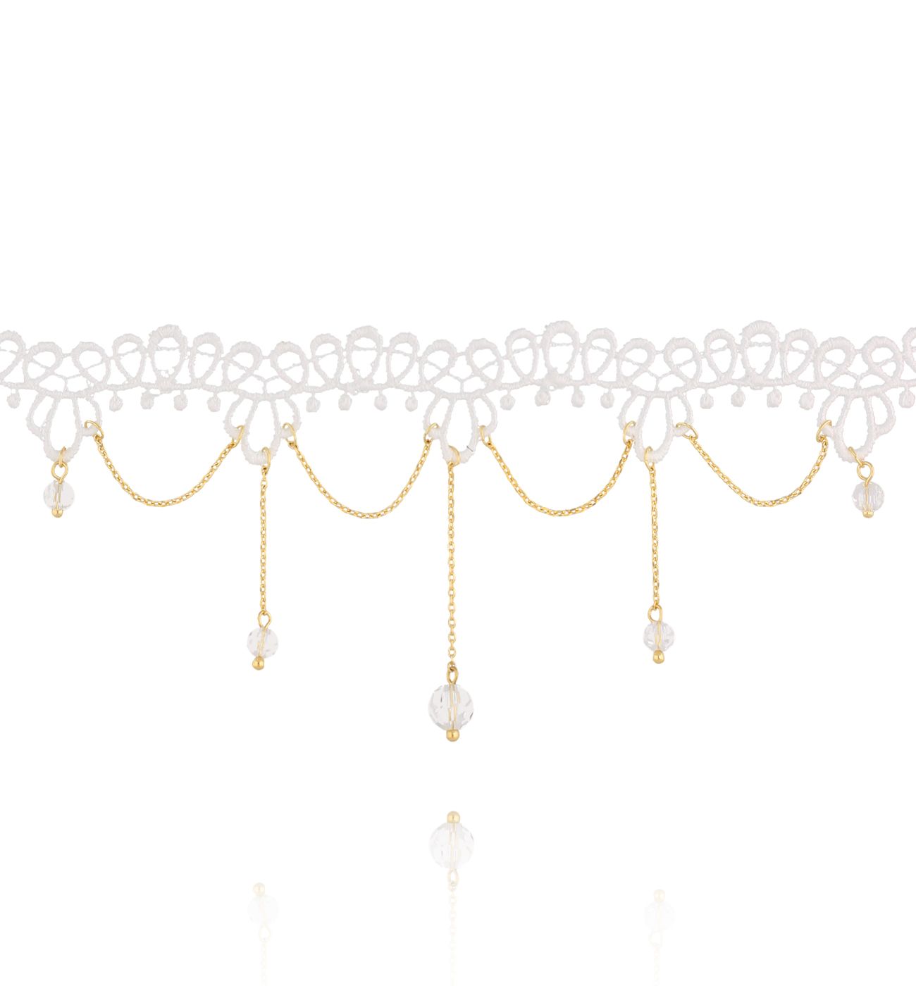 Choker z białej koronki z delikatnymi łańcuszkami i kryształkami NLU0045