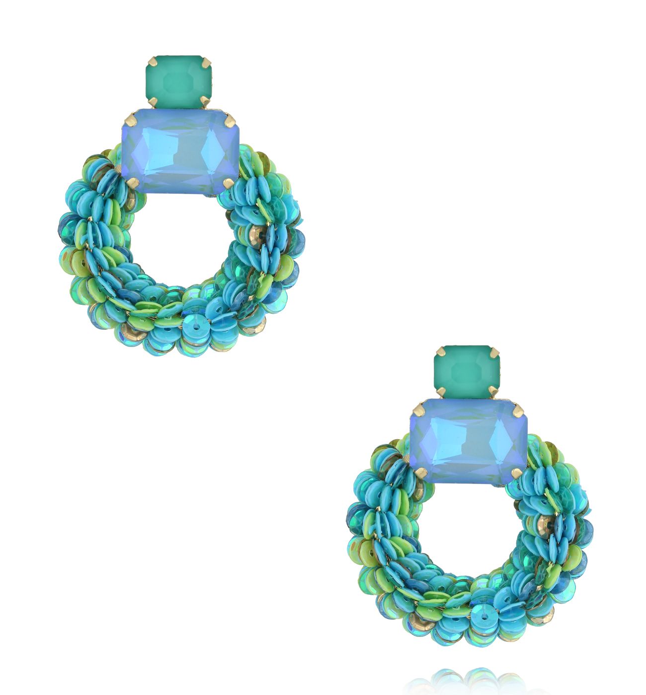 Kolczyki turkusowo- błękitne z cekinami i kryształkami KGA0008 - By Dziubeka