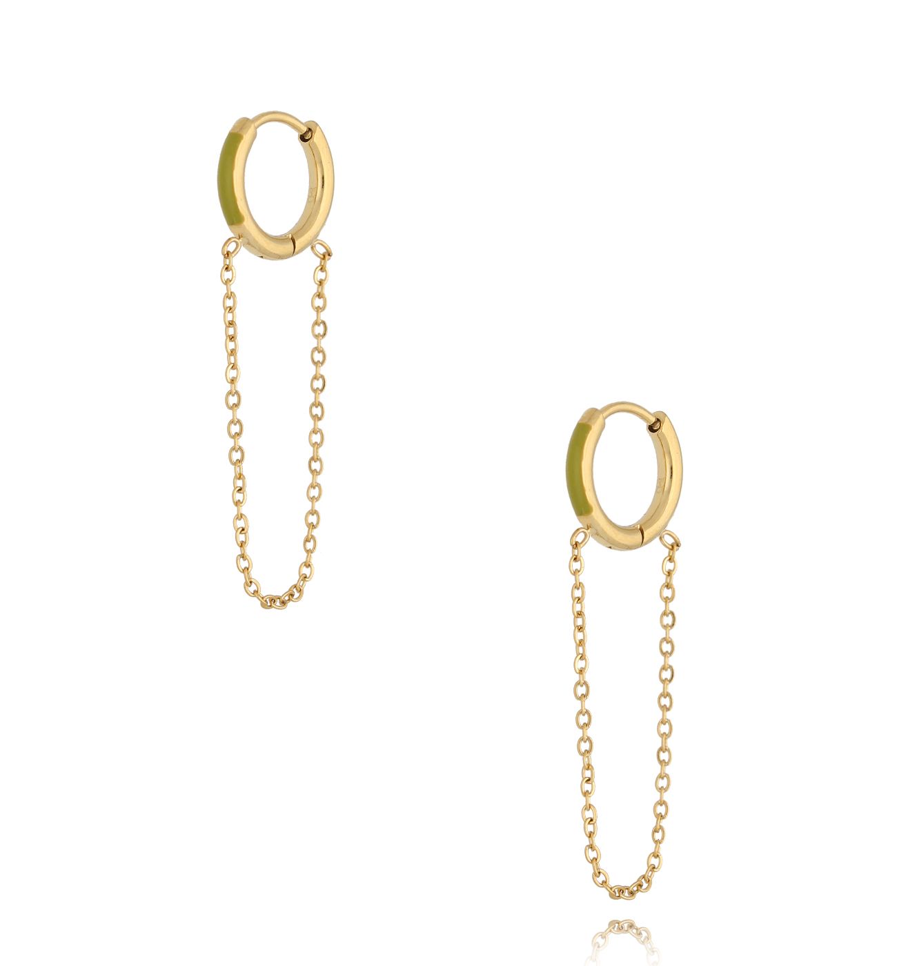 Kolczyki koła z zieloną emalią i łańcuszkiem Enamel Hoops - By Dziubeka