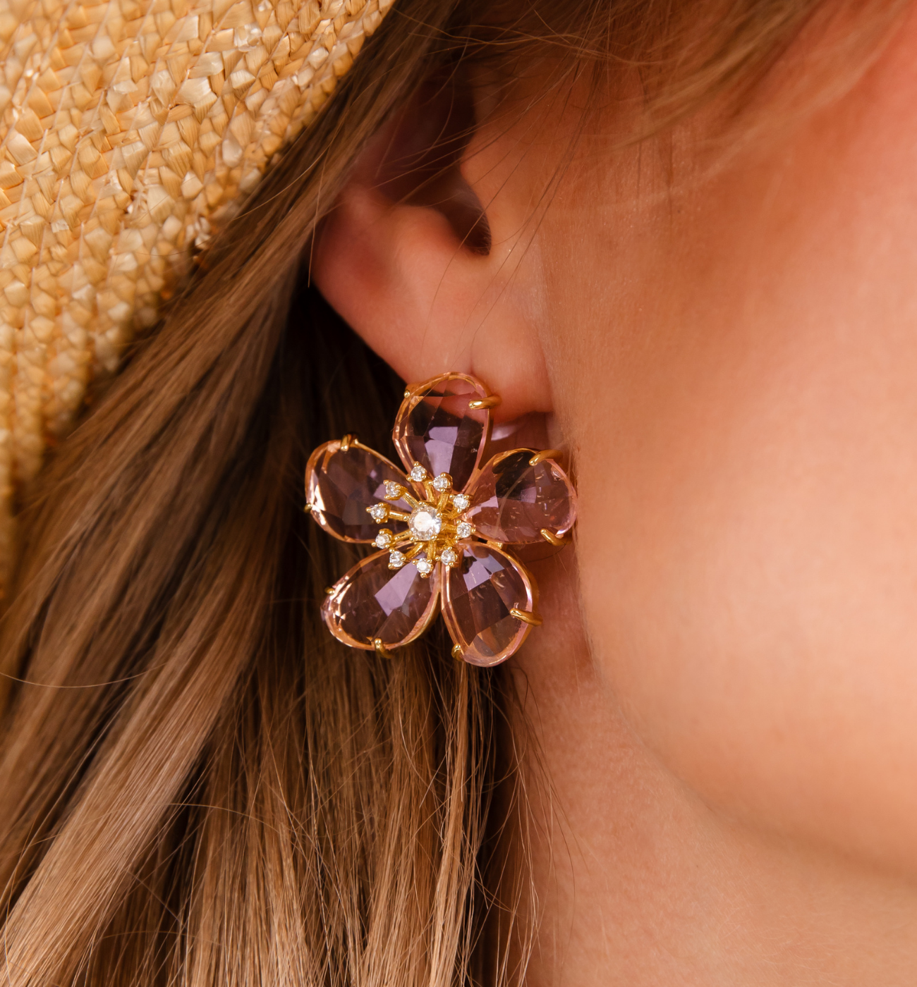 Koczyki kwiatki z różowymi kryształami - By Dziubeka