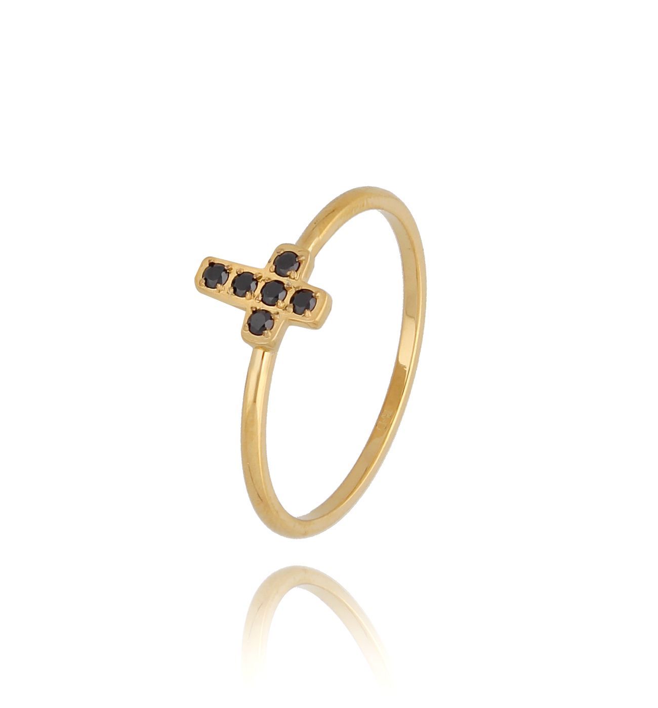 Pierścionek złoty z krzyżykiem z czarnymi cyrkoniami Mini Cross - By Dziubeka