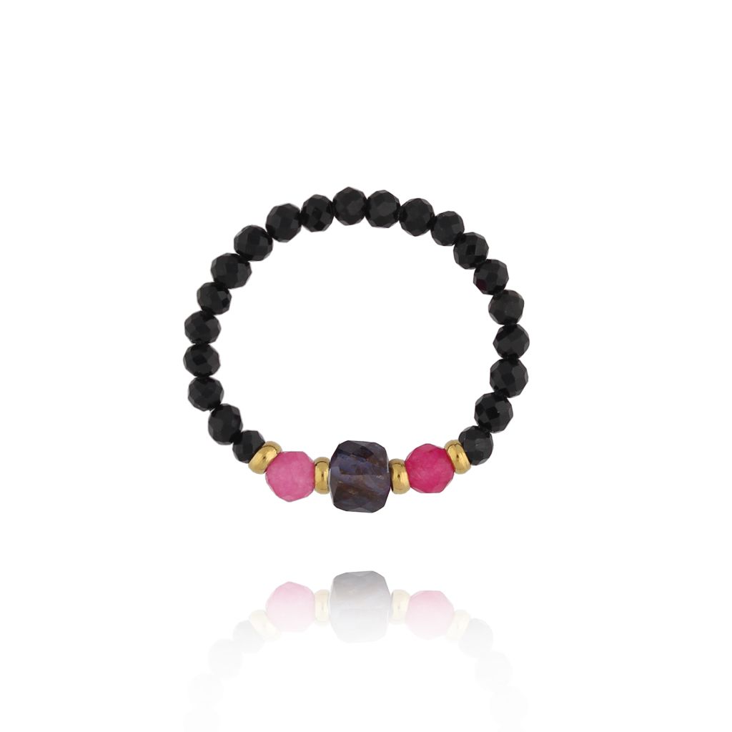 Pierścionek z czarnymi i różowymi kamieniami - By Dziubeka