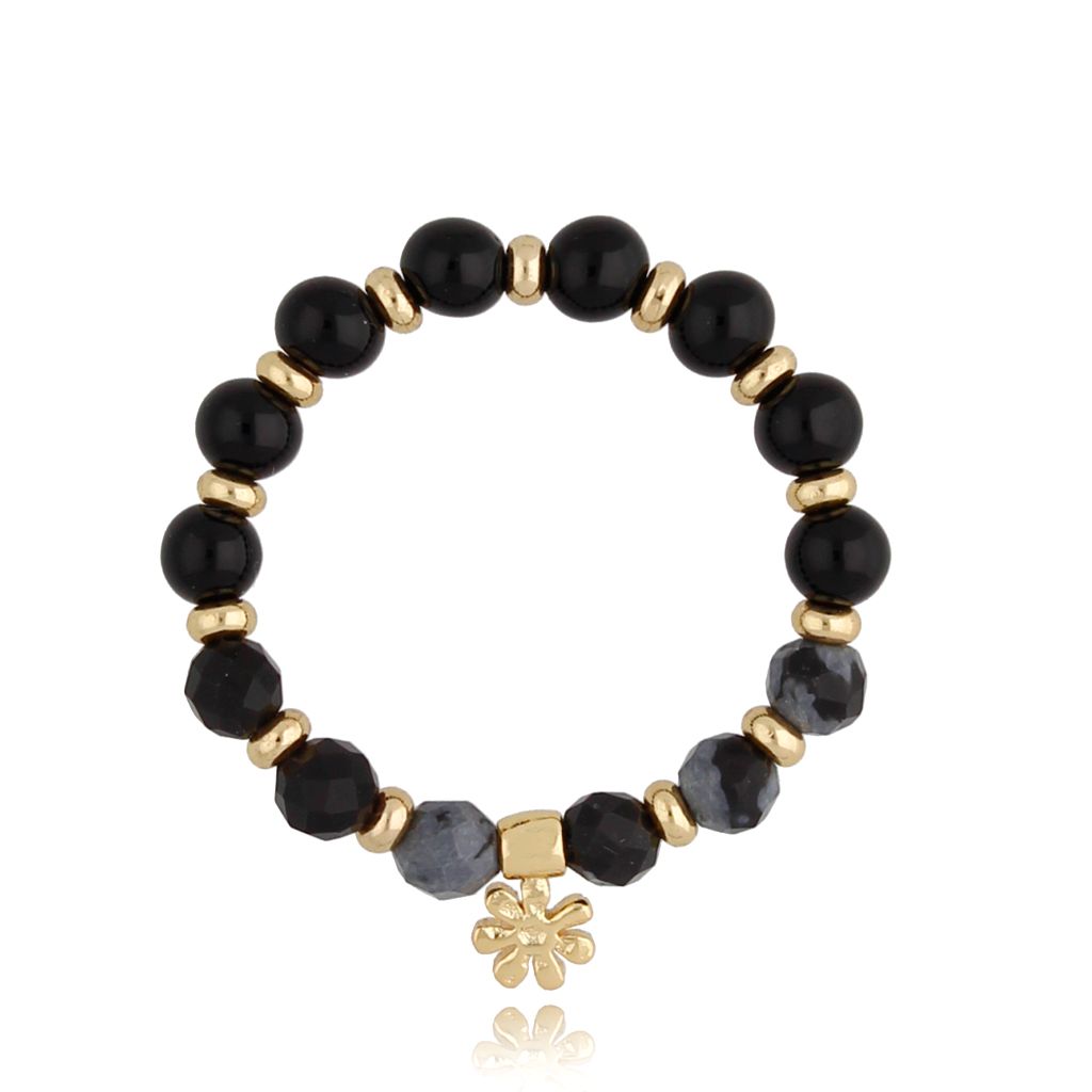 Pierścionek z agatami i złotym kwiatkiem Moonless Night PSC0260 - By Dziubeka