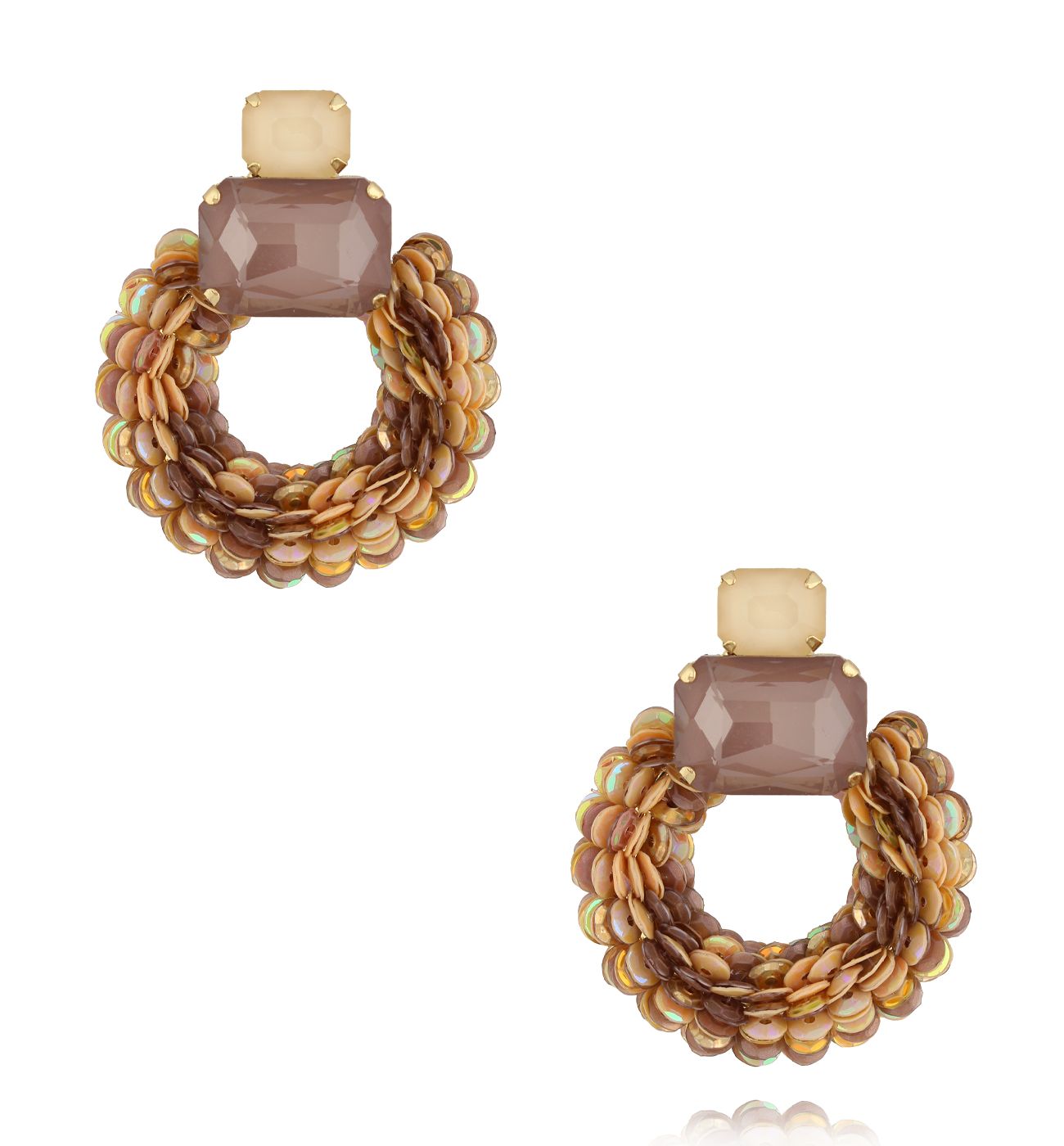 Kolczyki brązowo- beżowe z cekinami i kryształkami KGA0011 - By Dziubeka