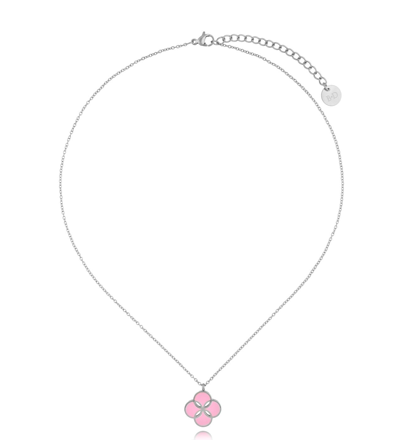 Naszyjnik srebrny z koniczynką z różową emalią Ma Chance - By Dziubeka