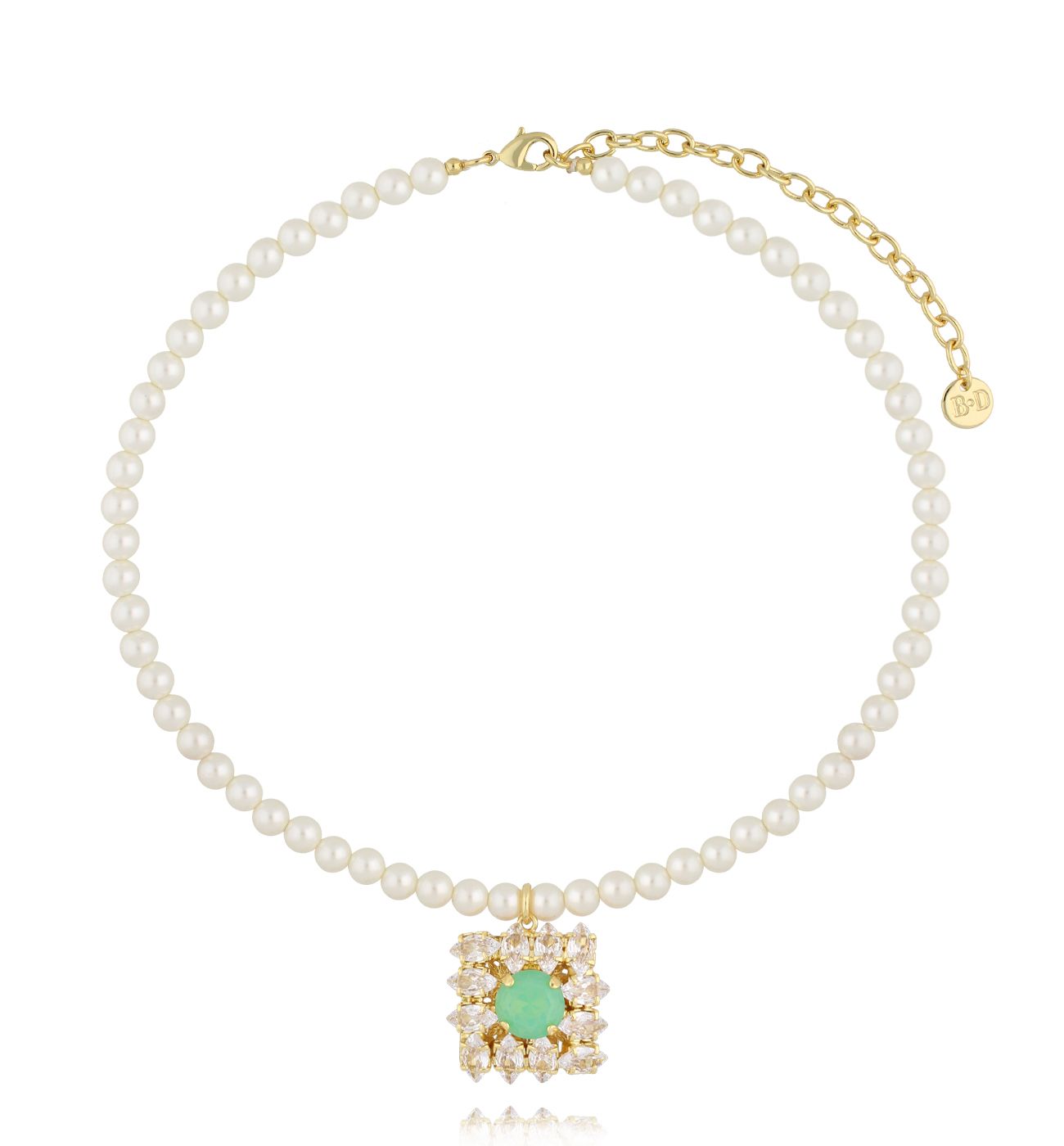 Naszyjnik z pereł z zawieszką w kształcie kwadratu z zielonym kryształem - By Dziubeka