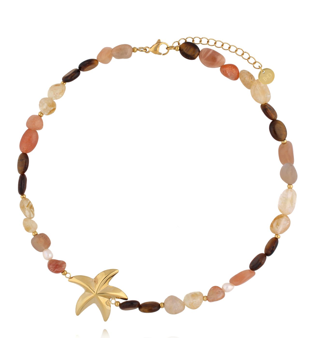 Naszyjnik z naturalnych kamieni z dużą złotą rozgwiazdą - By Dziubeka