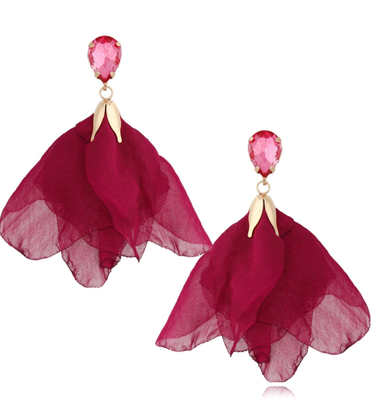 Kolczyki z szyfonu z kryształkiem bordowe Yvaine - By Dziubeka