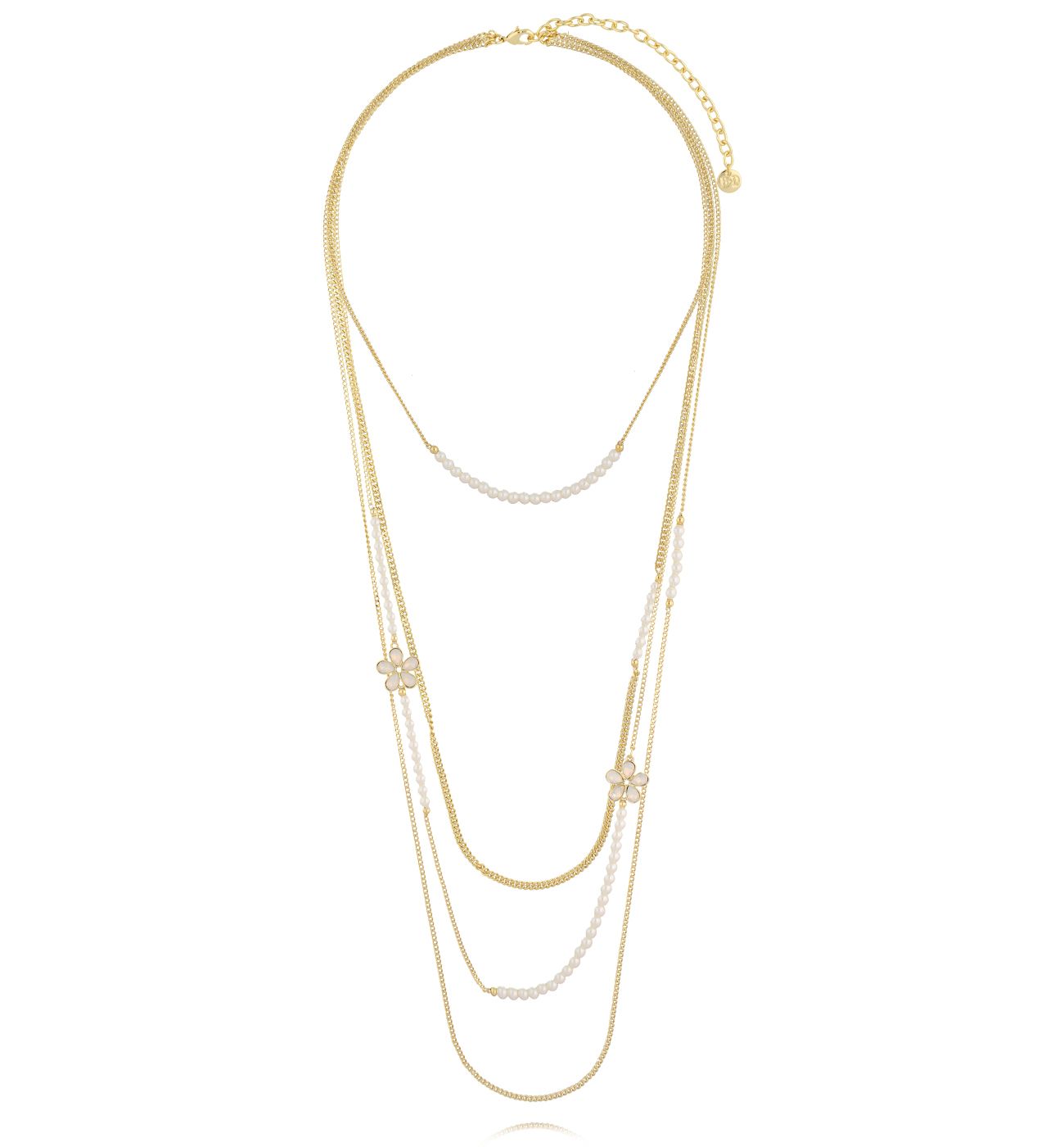 Naszyjnik kaskadowy z perełkami i złotymi łańcuszkami NS0352
