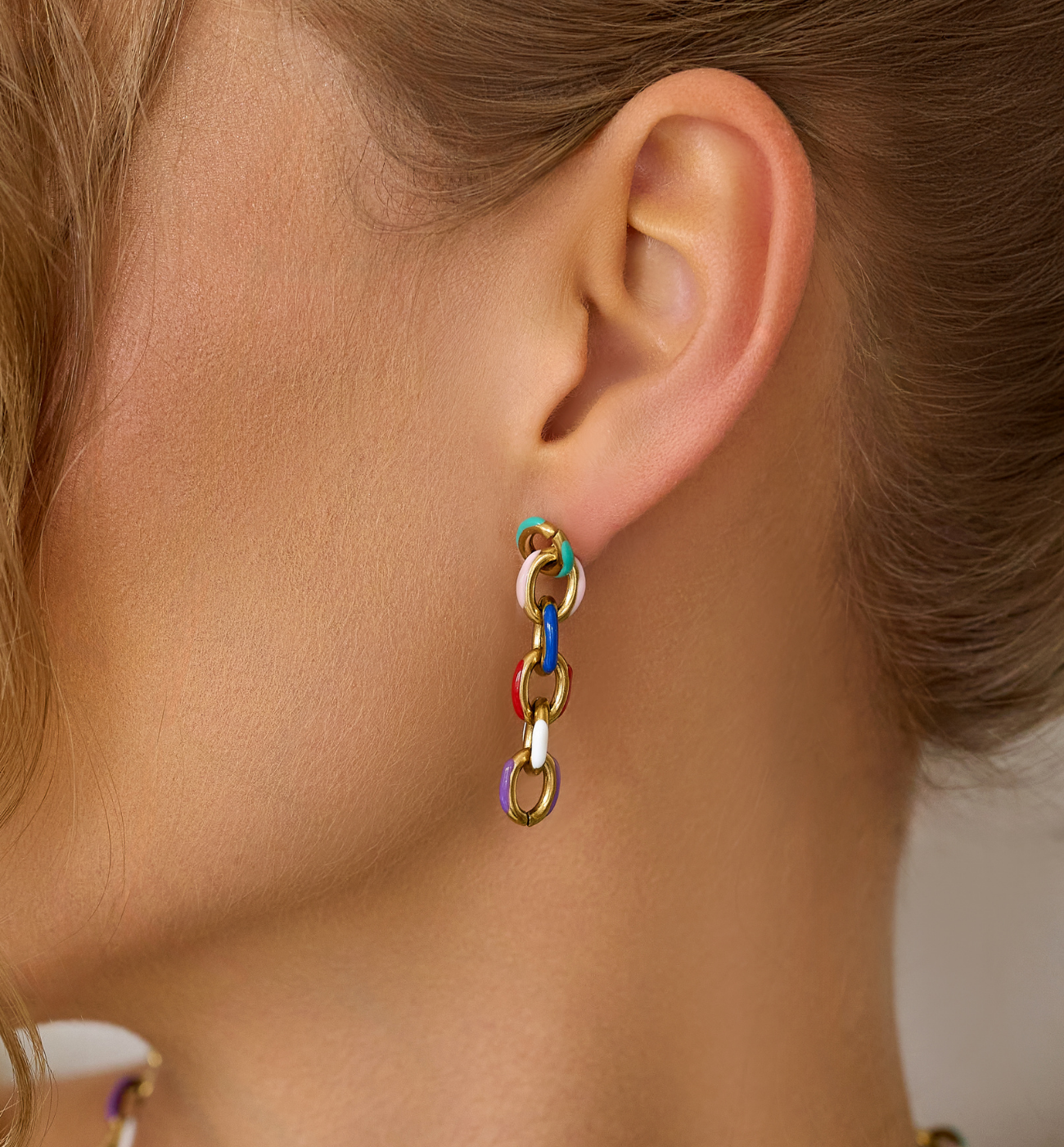 Kolczyki złote z kolorowym łańcuchem Multicolor - By Dziubeka