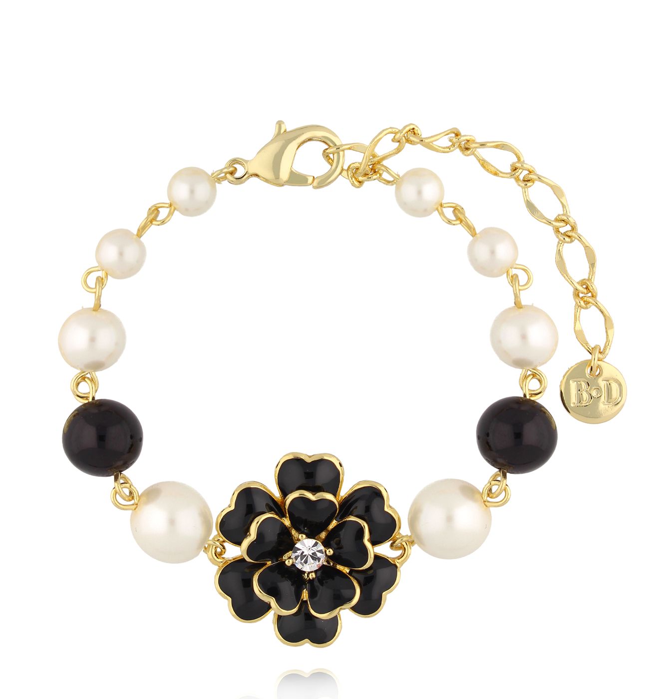 Bransoletka z perłami i czarnym kwiatem BSS0229 - By Dziubeka