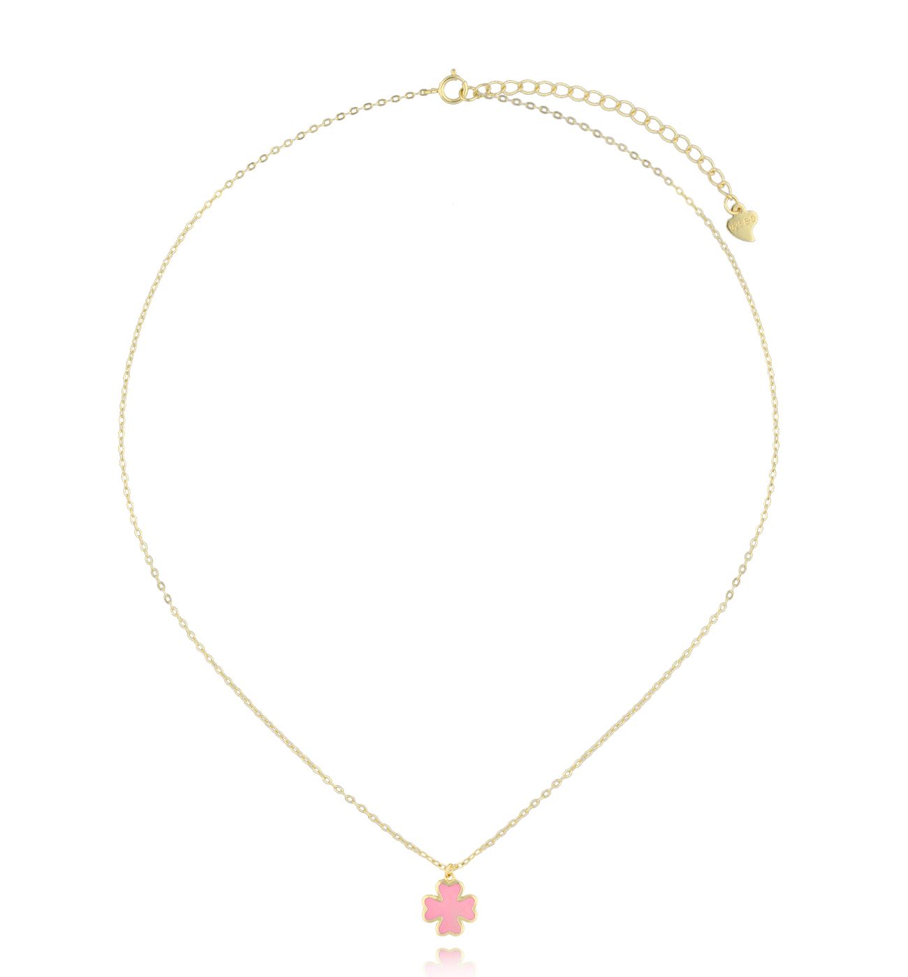 Naszyjnik złoty z koniczynką i różową emalią NCA0020 - By Dziubeka