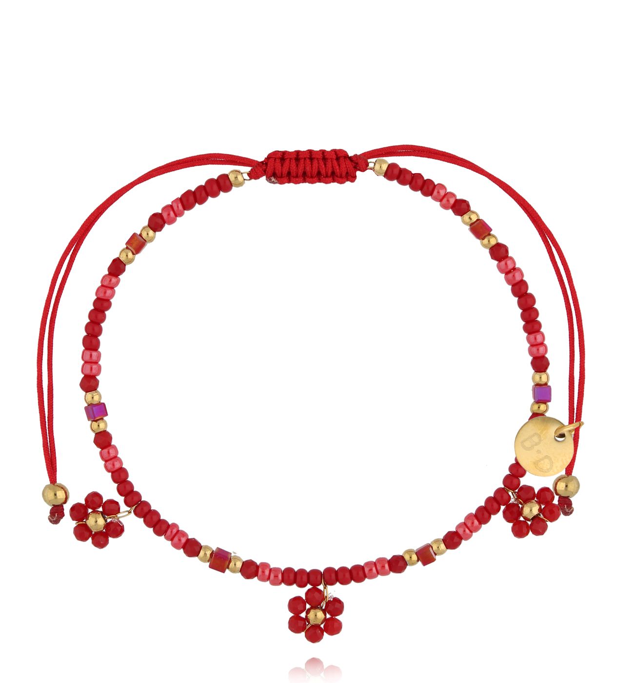 Bransoletka czerwona z kwiatkami z koralików BMT0317 - By Dziubeka