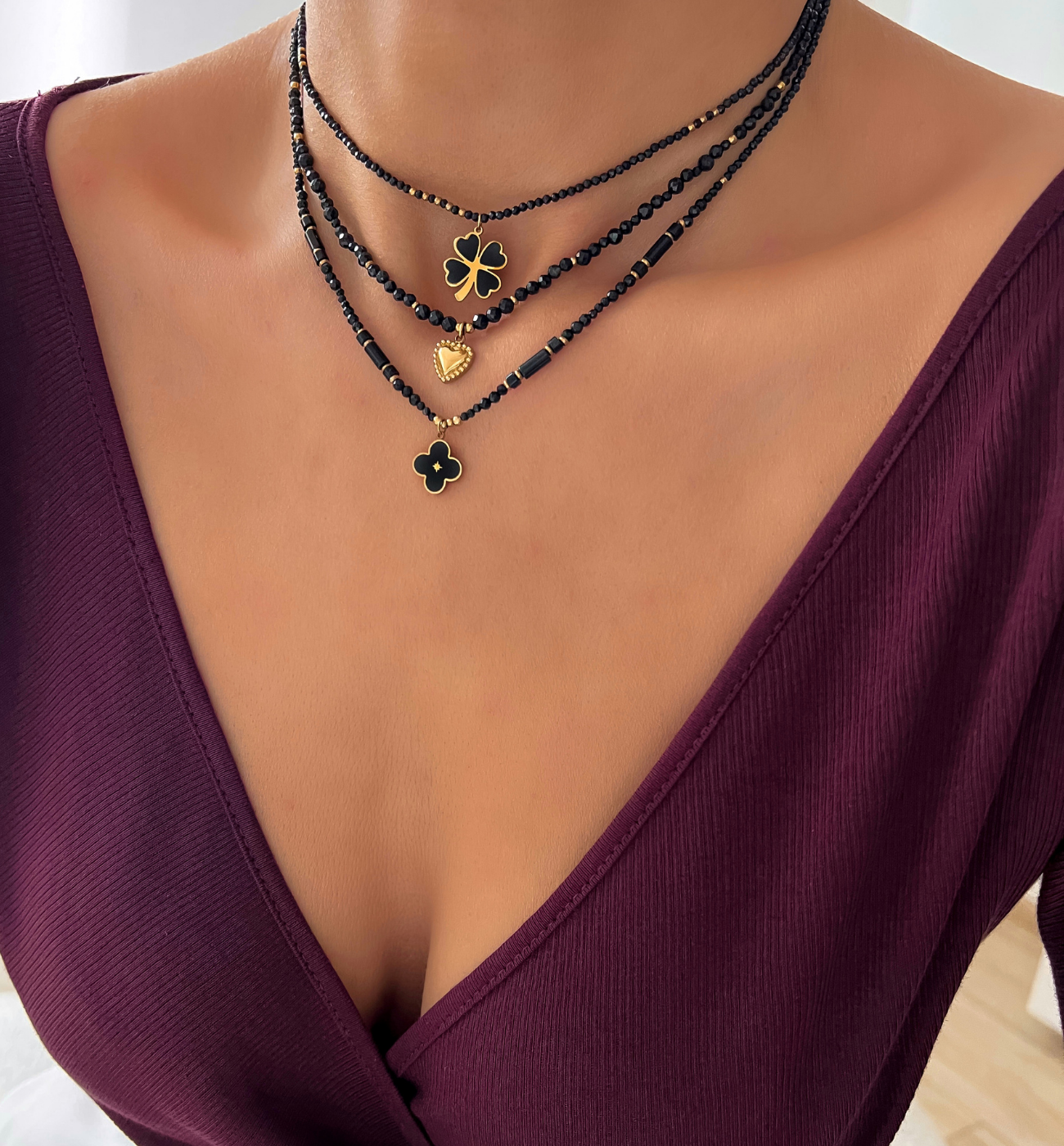 Naszyjnik z turmalinami i koniczynką złoty - By Dziubeka