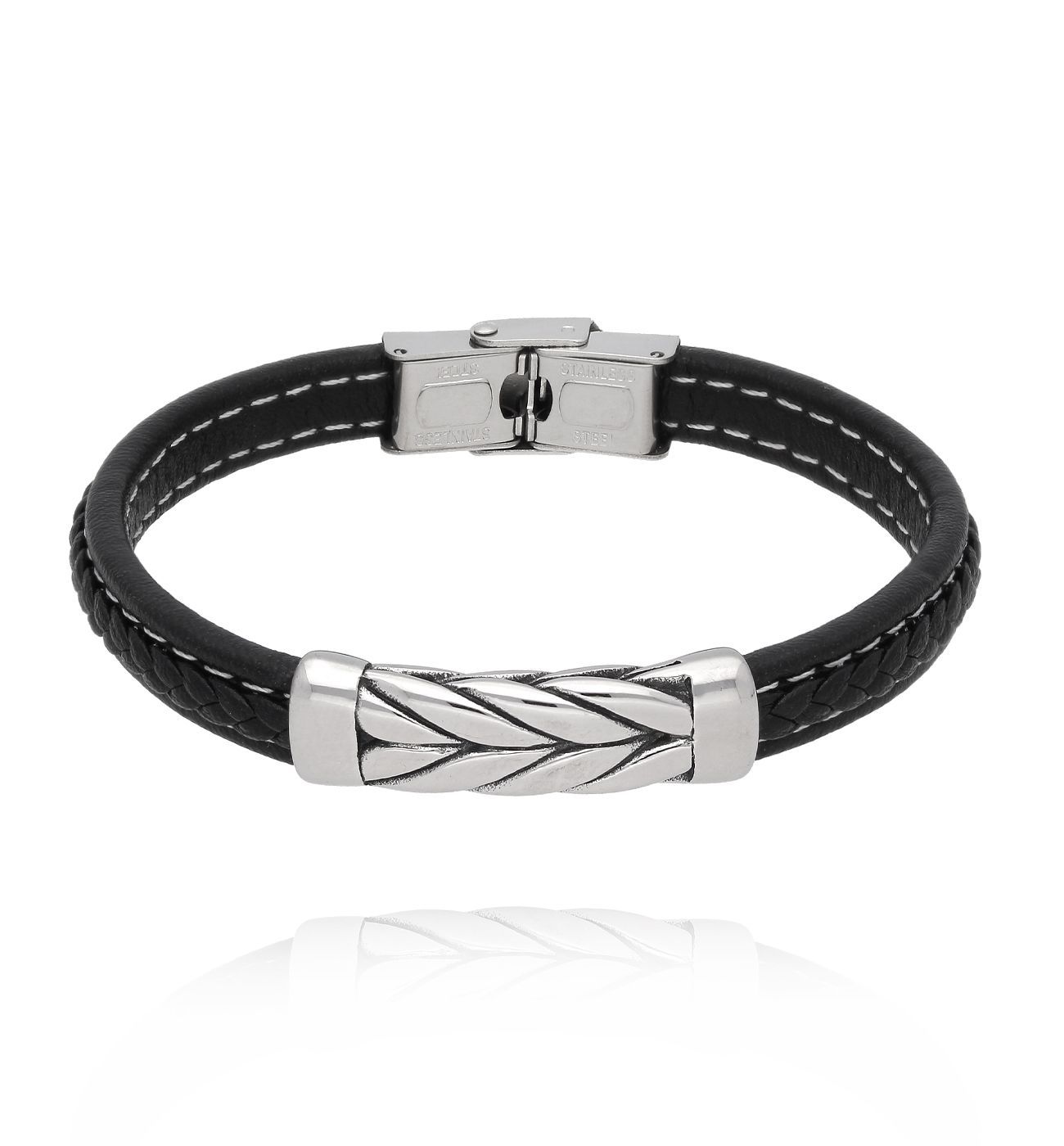 Bransoletka męska skórzana czarna z blaszką 90 - By Dziubeka