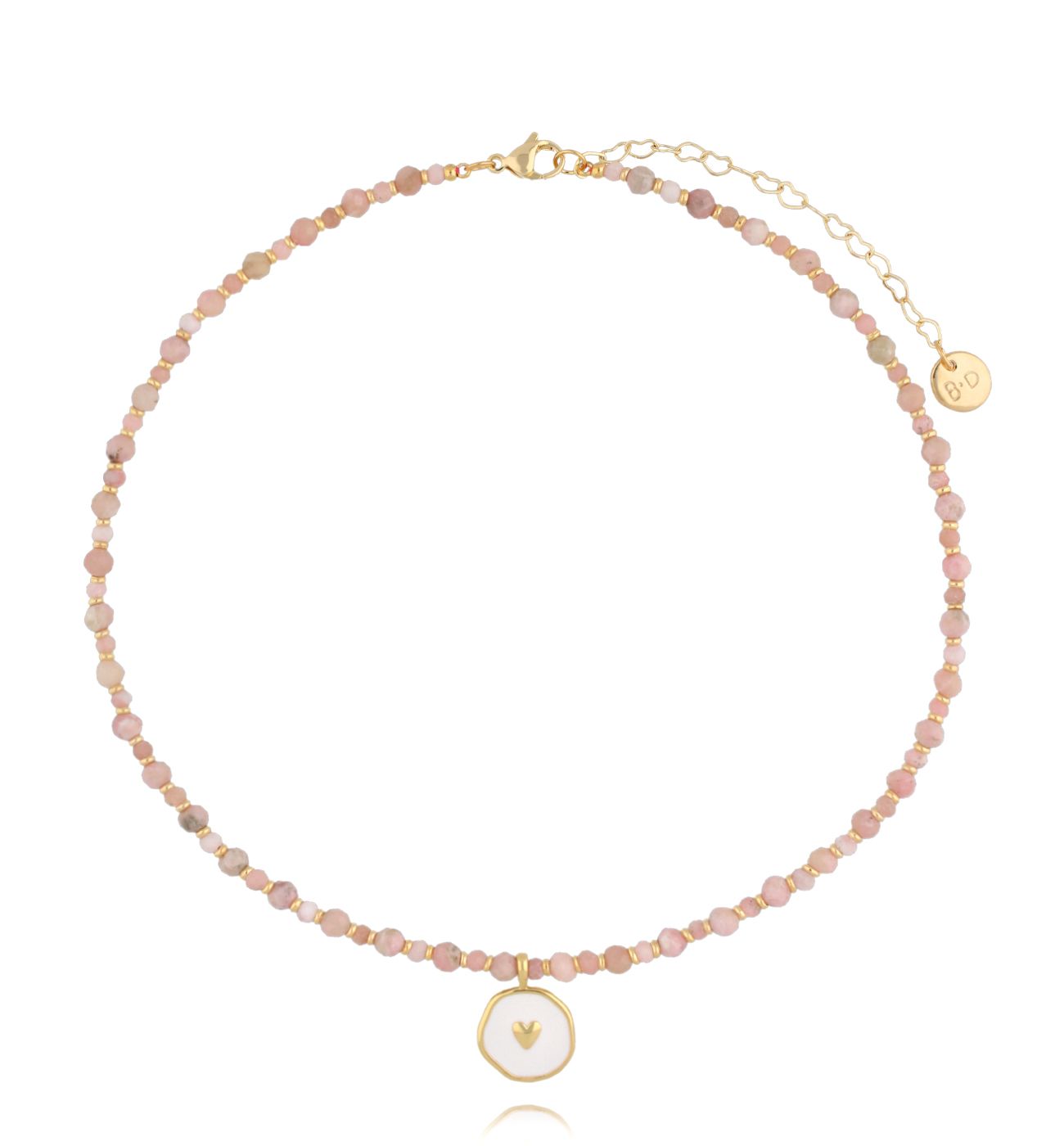 Naszyjnik z różowych kamieni z medalikiem i sercem - By Dziubeka