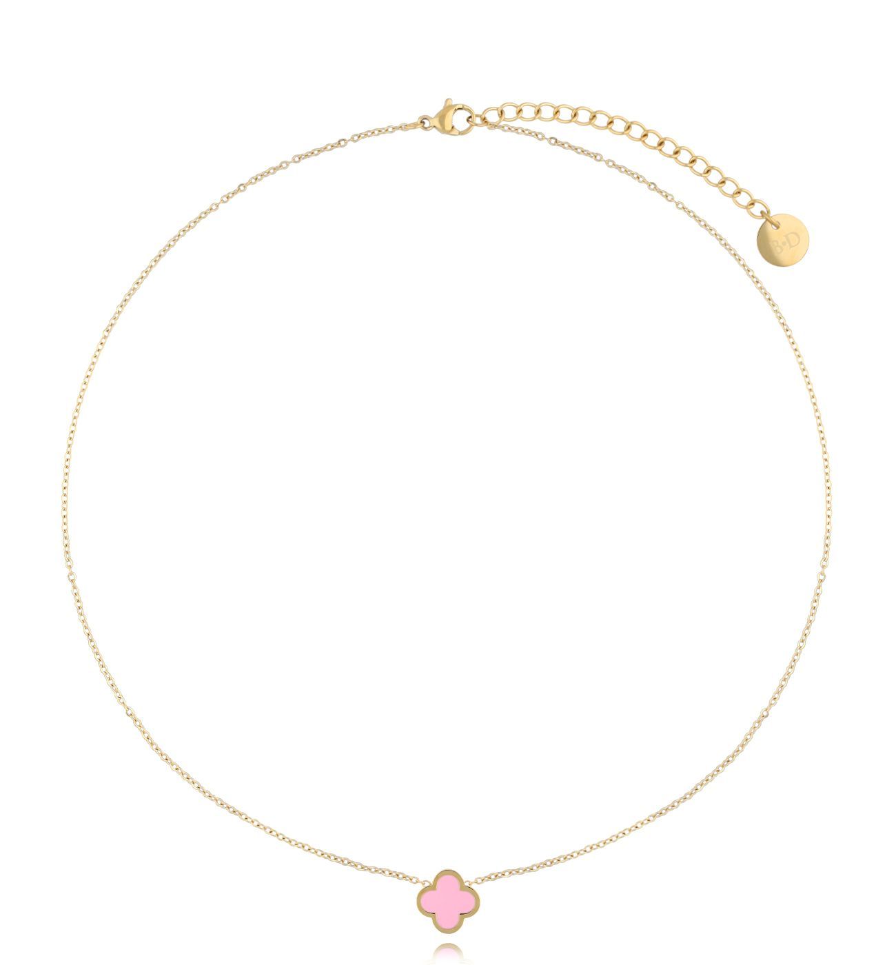 Naszyjnik złoty z koniczynką z różową emalią Heureux - By Dziubeka