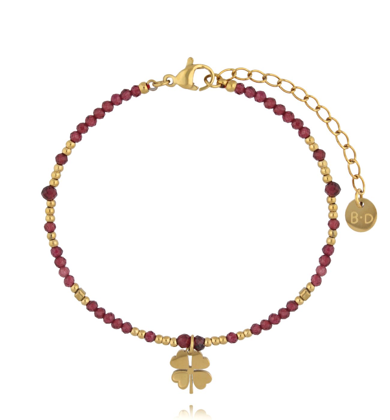 Bransoletka bordowa z granatami i koniczynką - By Dziubeka