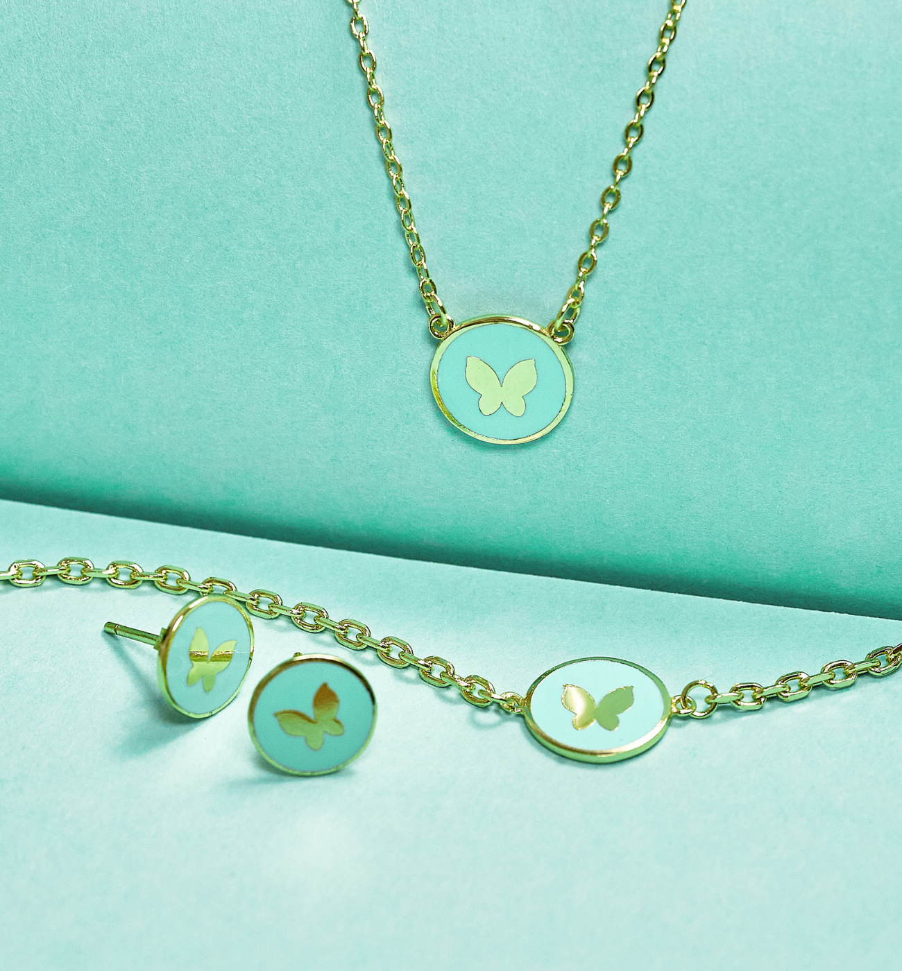 Zestaw złoty z motylkiem i miętową emalią Candyland ZCA0004 - By Dziubeka