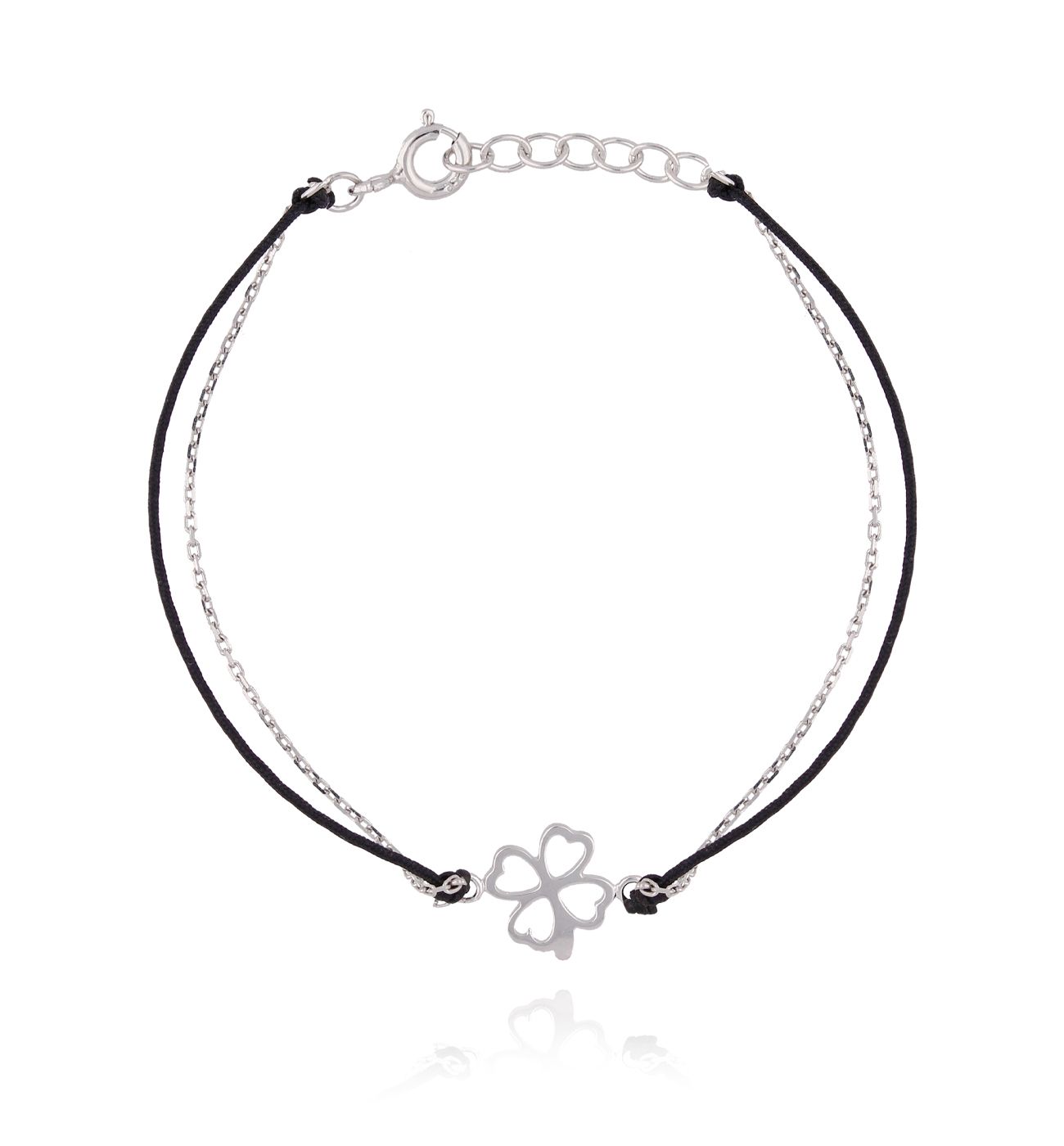 Bransoletka srebrna koniczynka na czarnym sznurku BSE0086