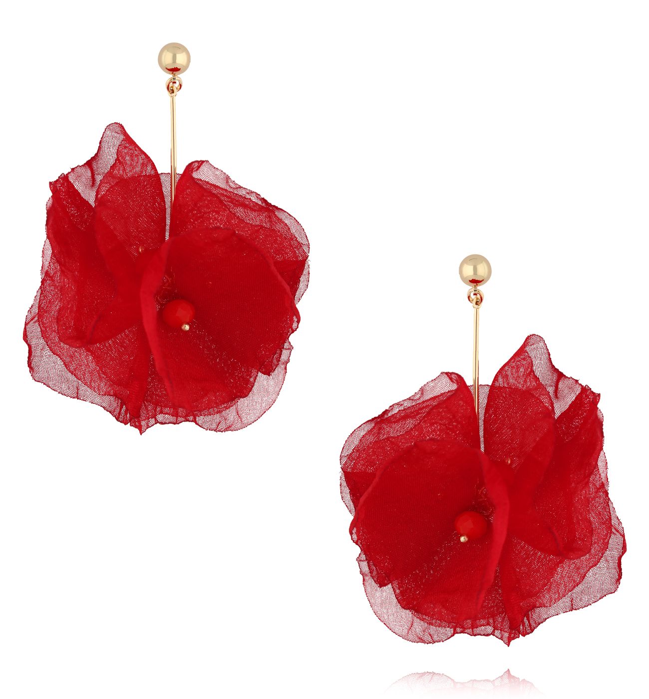 Kolczyki z tkaniny czerwone ze złotym patyczkiem ciemne - By Dziubeka