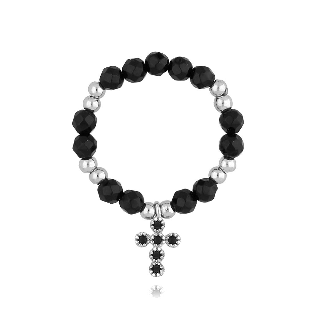 Pierścionek elastyczny z onyksami i krzyżykiem PSC0176 - By Dziubeka