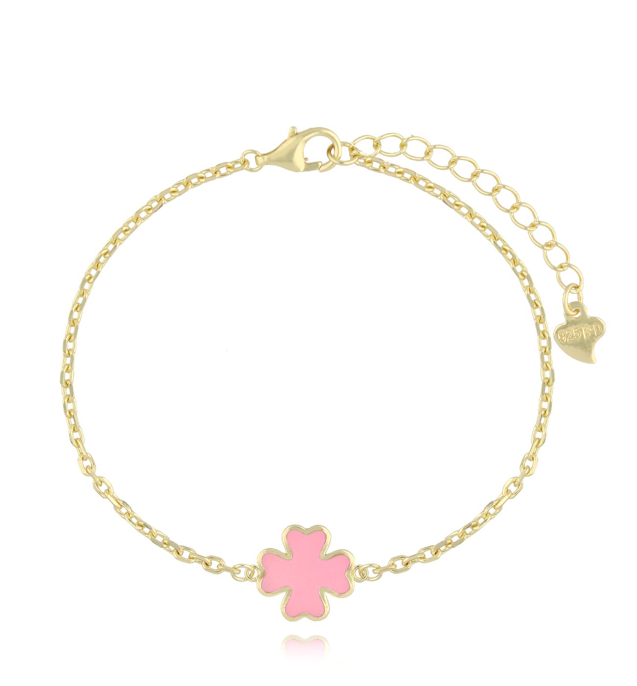 Bransoletka złota z koniczynką i różową emalią BCA0020 - By Dziubeka
