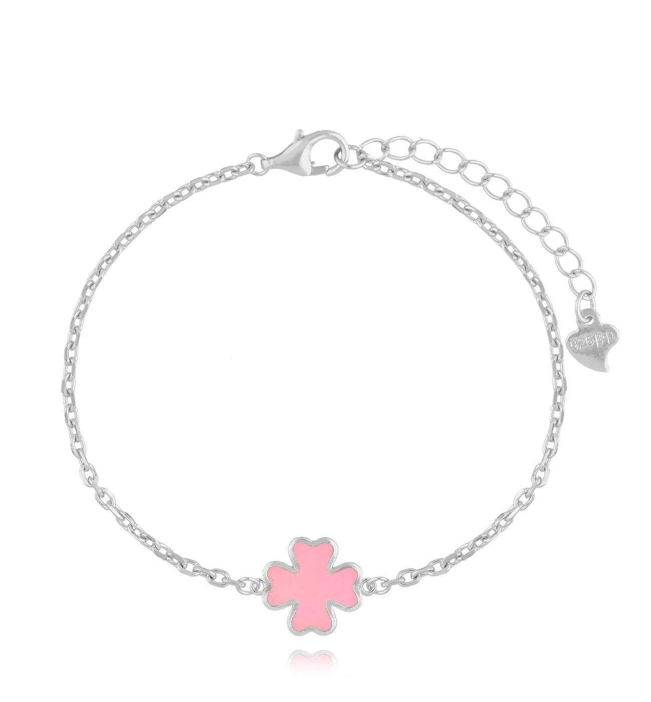 Bransoletka srebrna z koniczynką i różową emalią BCA0019 - By Dziubeka