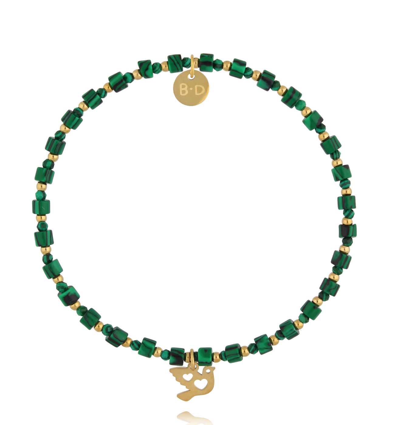 Bransoletka z zielonym malachitem i zawieszką ptaszka BTW3408