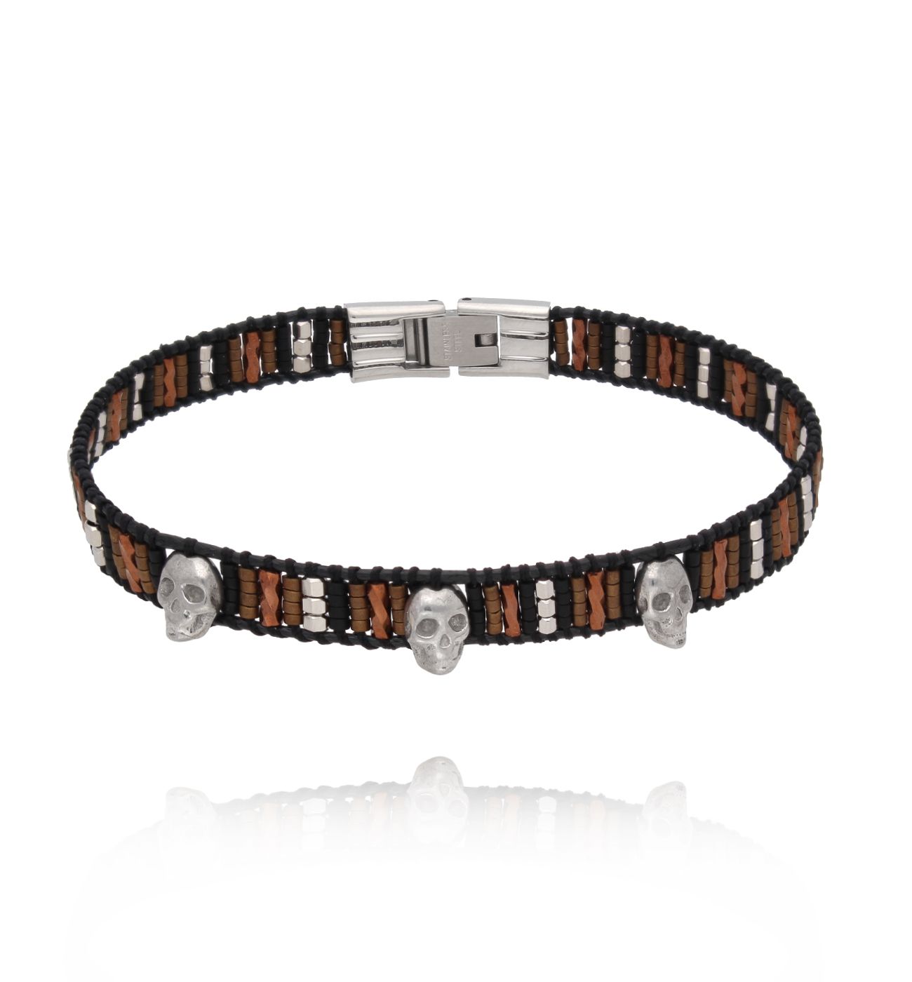 Bransoletka męska z koralikami i czaszkami, czarno-brązowa 12 - By Dziubeka
