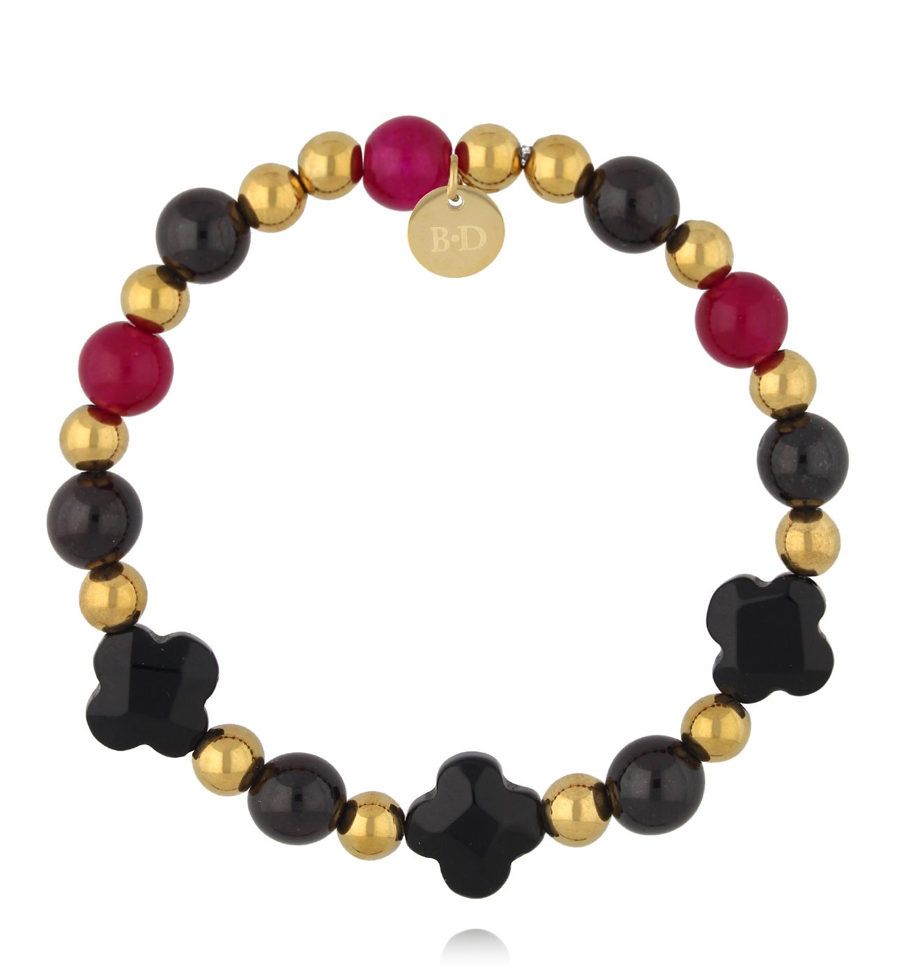 Bransoletka fuksjowo- czarna z koniczynami BMMH4039