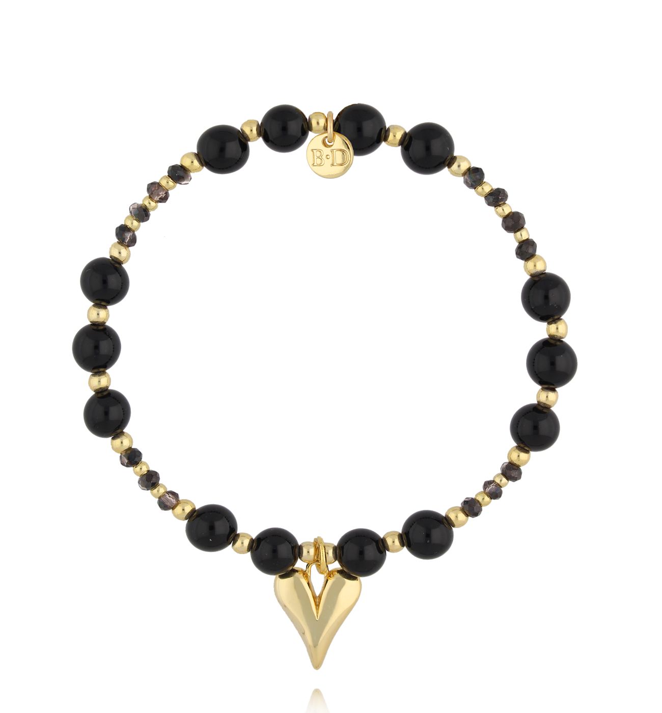 Bransoletka z czarnymi agatami i złotym sercem - By Dziubeka