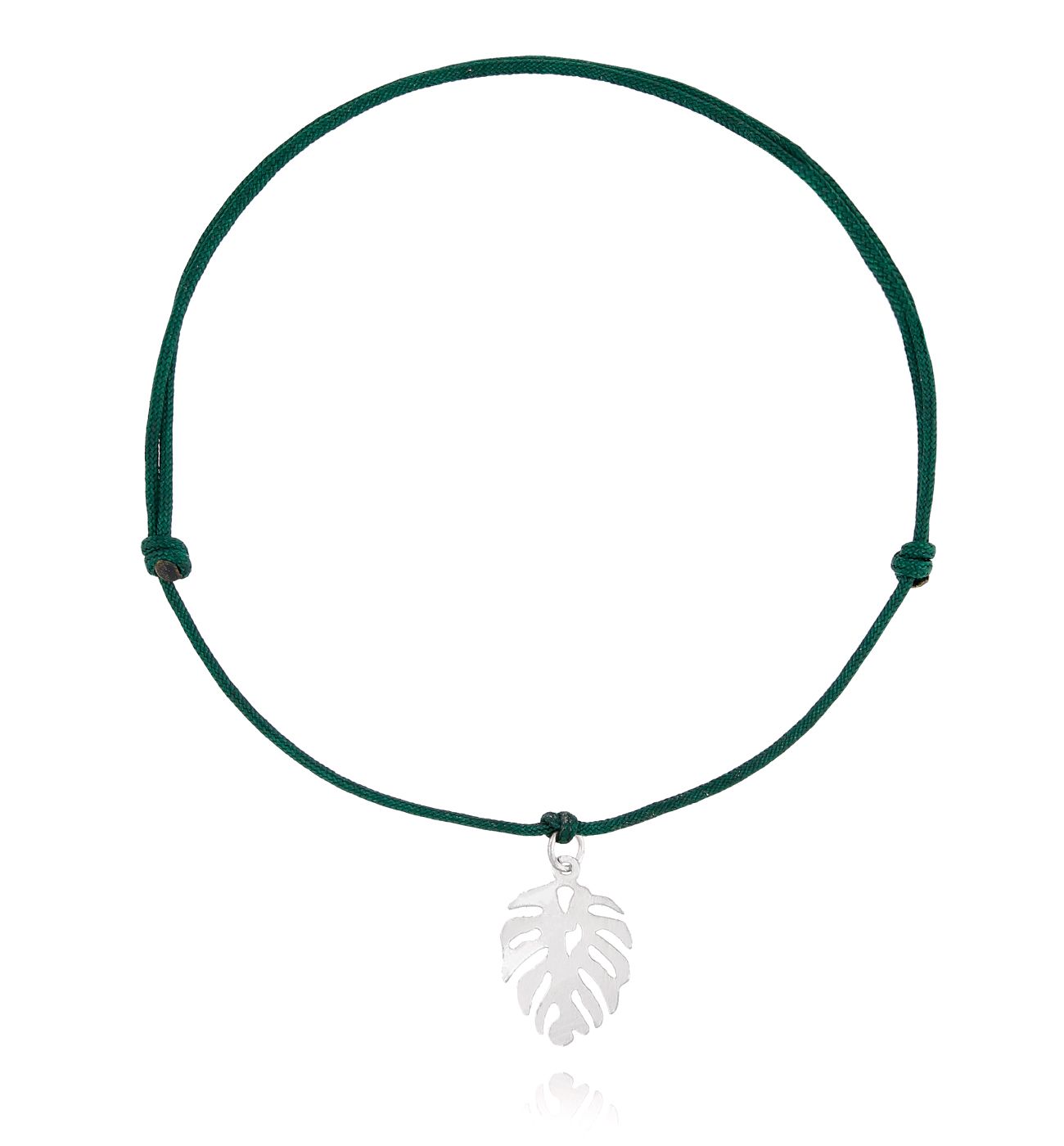 Bransoletka srebrna monstera na zielonym sznurku BSE0078