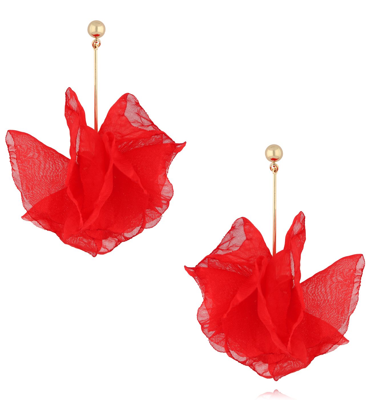 Kolczyki z tkaniny czerwone ze złotym patyczkiem - By Dziubeka