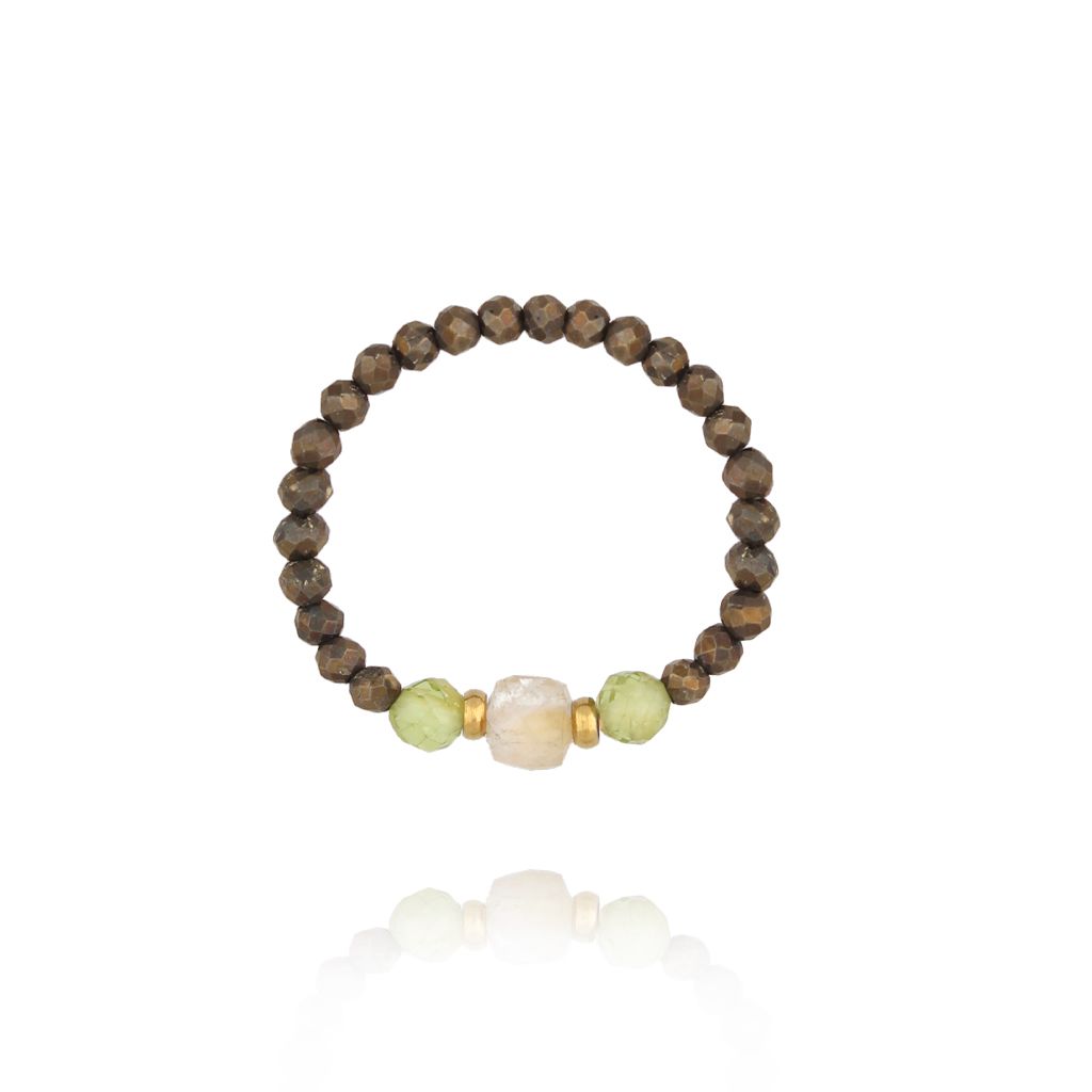 Pierścionek elastyczny z oliwinami cytrynami i pirytami - By Dziubeka