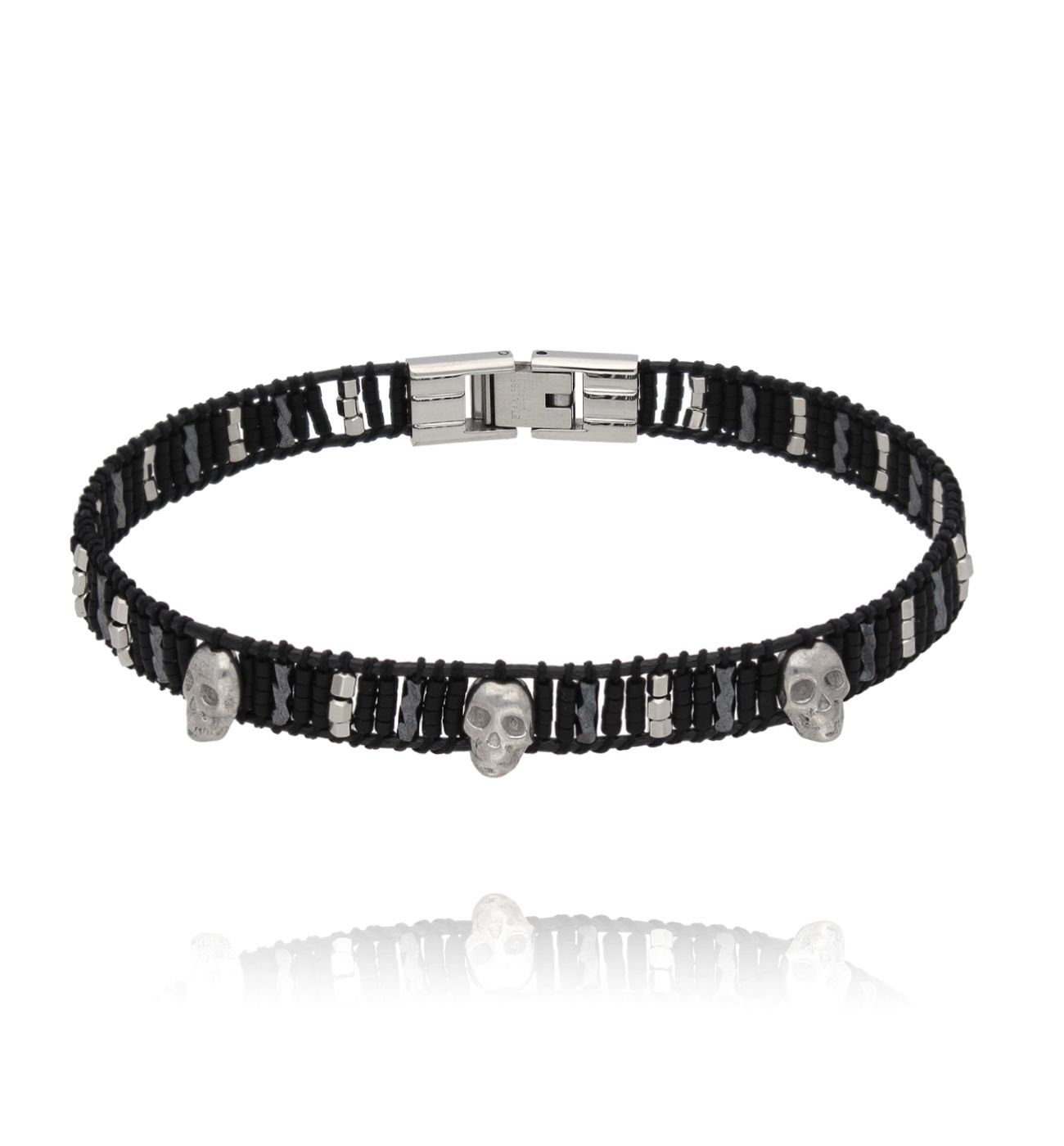 Bransoletka męska z koralikami i czaszkami, czarna BMITC1013