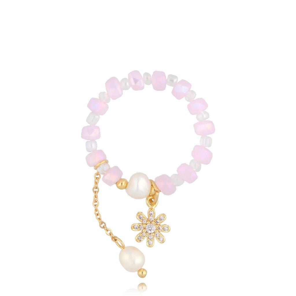 Pierścionek z perłami i kwiatuszkiem Pink Flower - By Dziubeka