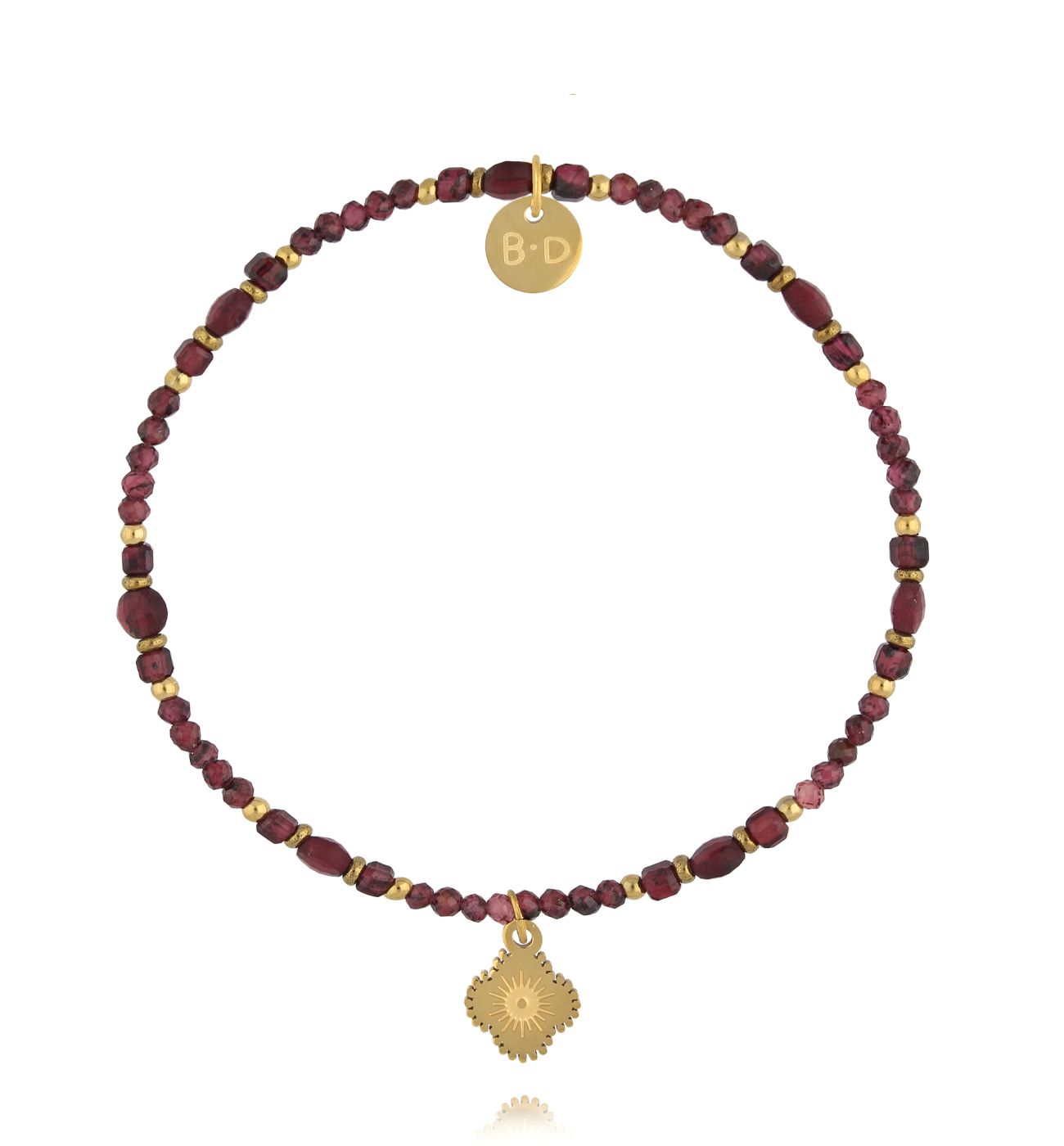 Bransoletka z naturalnego granatu i złoconą koniczynką - By Dziubeka