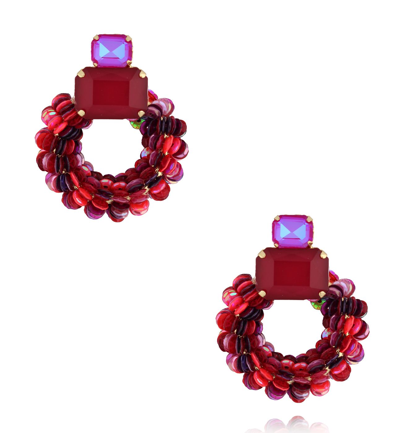 Kolczyki czerwono- bordowe z cekinami i kryształkami KGA0012