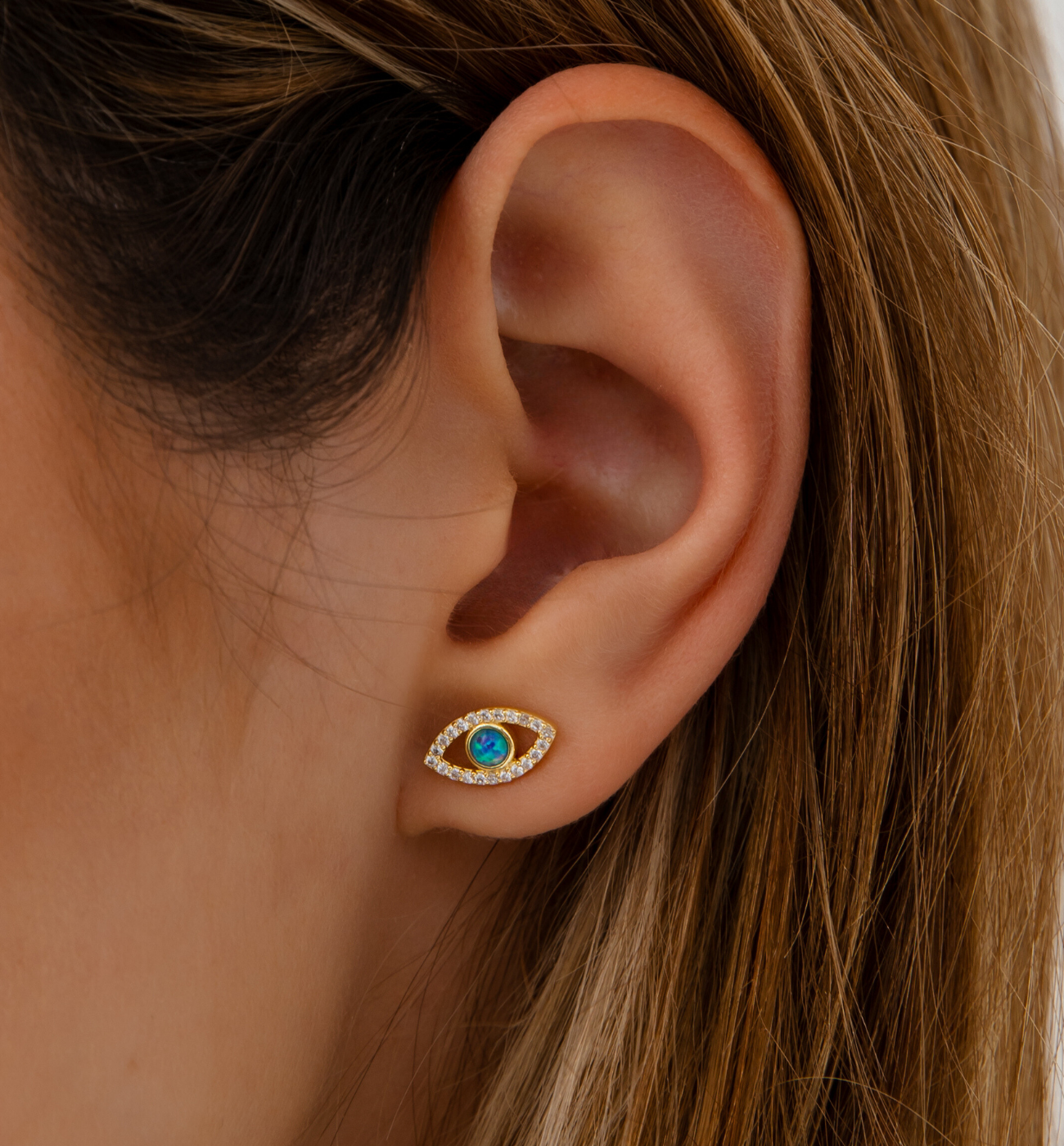 Kolczyki złote z okiem i błękitnym opalem KCA0032 - By Dziubeka