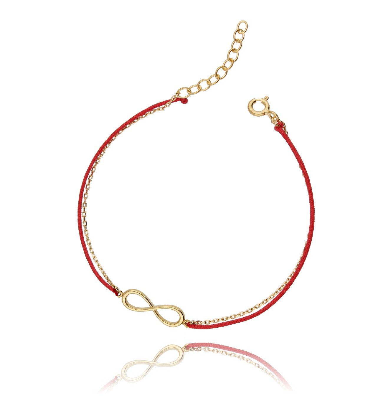 Bransoletka srebrna pozłacana na czerwonym sznurku - nieskończoność BSE0043