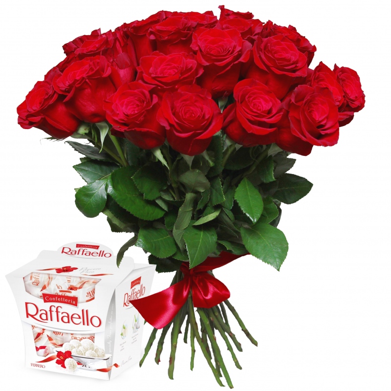 Czerwone róże z Raffaello - Poczta bukietowa - Kwiaciarnia internetowa - E-Kwiaty