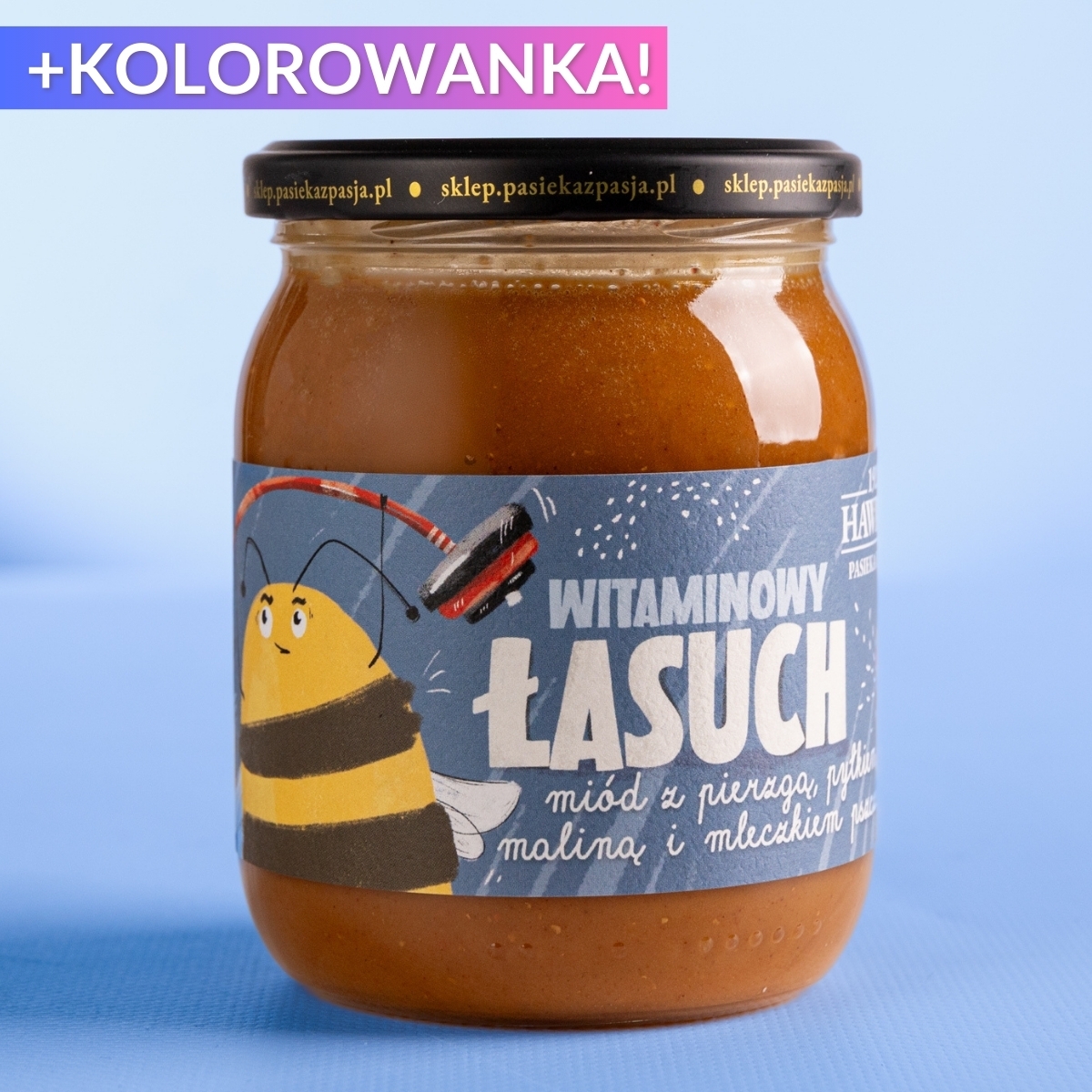 Witaminowy łasuch - miód dla dzieci z mleczkiem pszczelim, pierzgą, maliną i pyłkiem 630g - Pasieka z Pasją Hawran