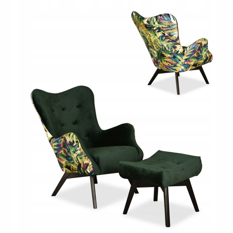 Fotel uszak do salonu z podnóżkiem Family Meble Luna Print Duo zielony 1szt