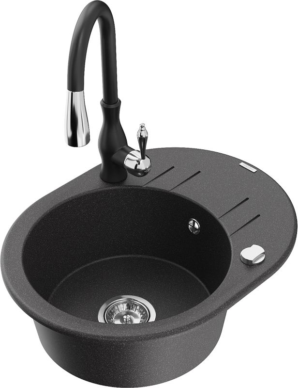 Zlewozmywak granitowy Mexen Kevin 1-komorowy z ociekaczem i baterią kuchenną Savita czarny 6517-76-672601-70