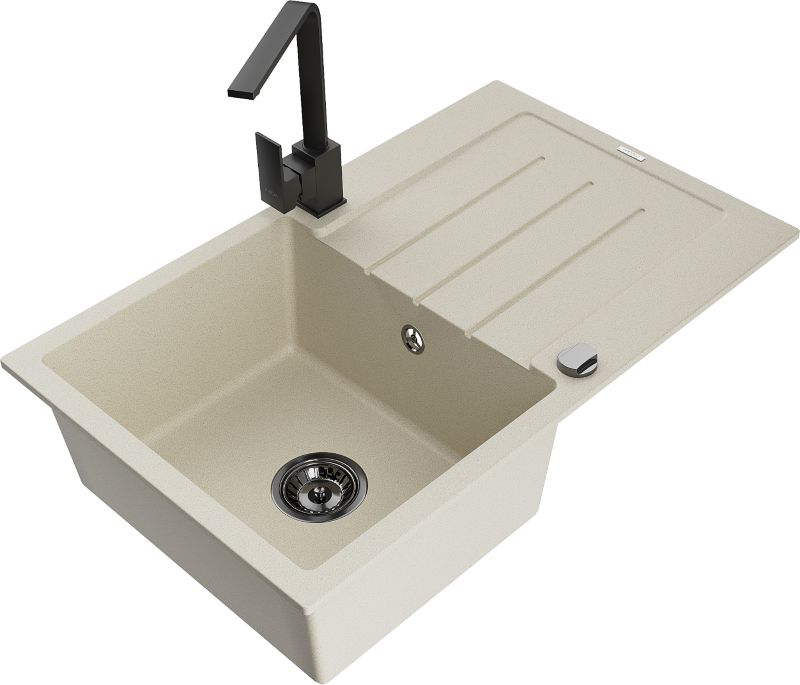 Zlewozmywak granitowy Mexen Bruno 1-komorowy z ociekaczem i baterią kuchenną Rita beżowy - 6513-69-670300-69 1 szt.